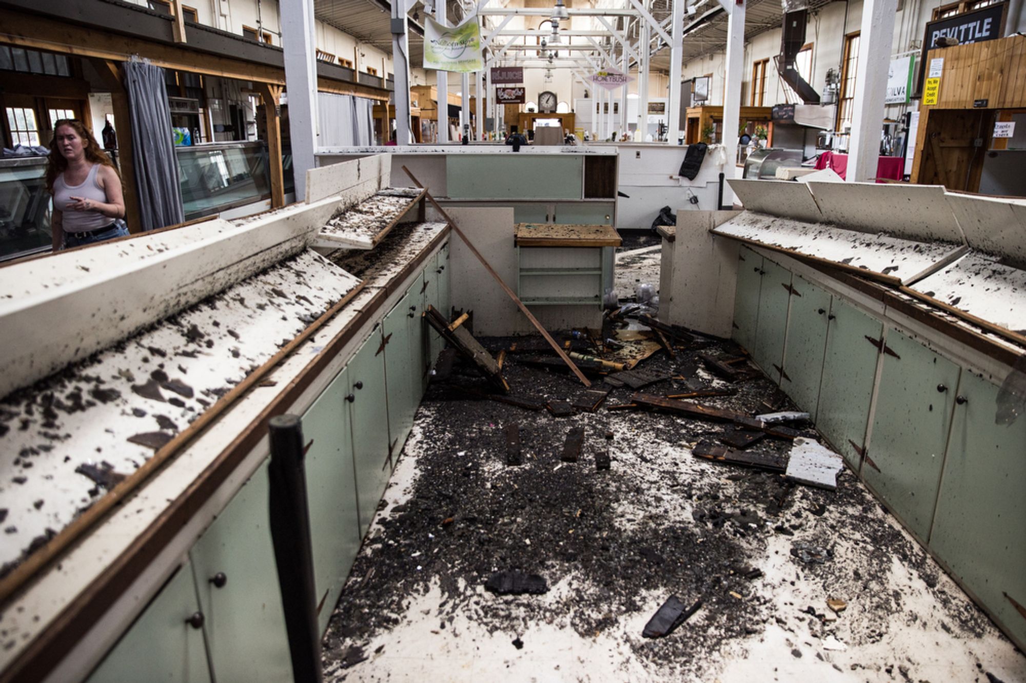 Two counters, one on each side of the frame, with burned debris in the middle.