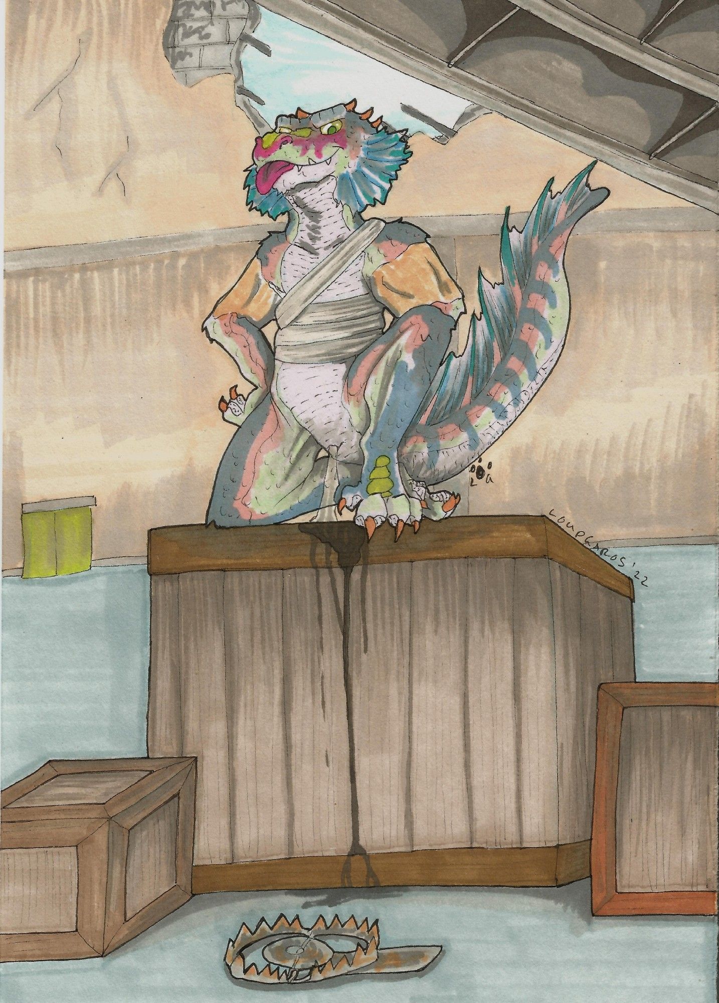 A frilled blue lizard with some patches of pink and green, wearing bnadages worn across the chest, kneels on a box  below which there is a beartrap, and pokes its tongue out as it pisses onthe box.