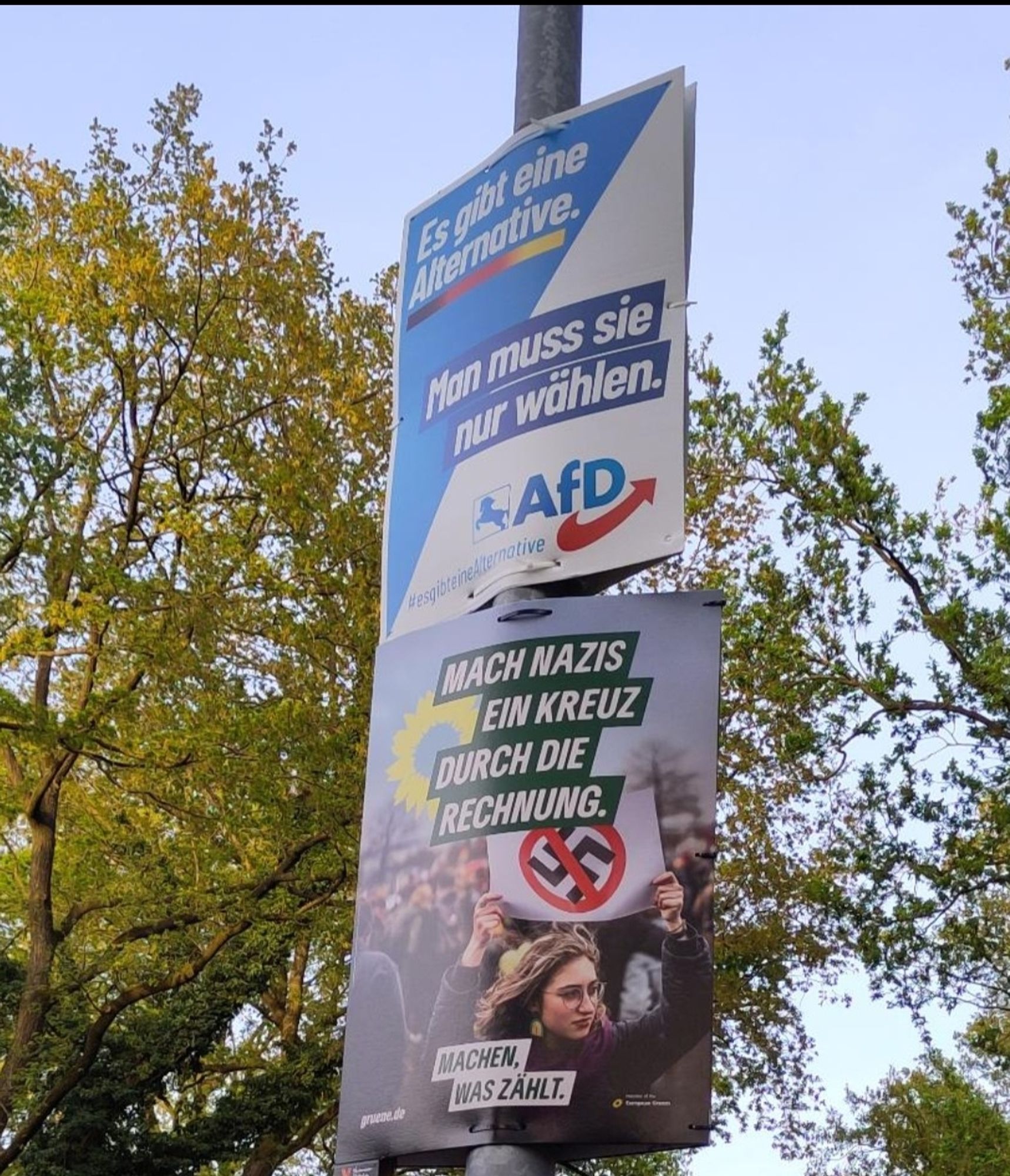 Wahlplakat der Grünen Nazis ein Kreuz durch die Rechnung machen, als Antwort auf ein AFD Plakat