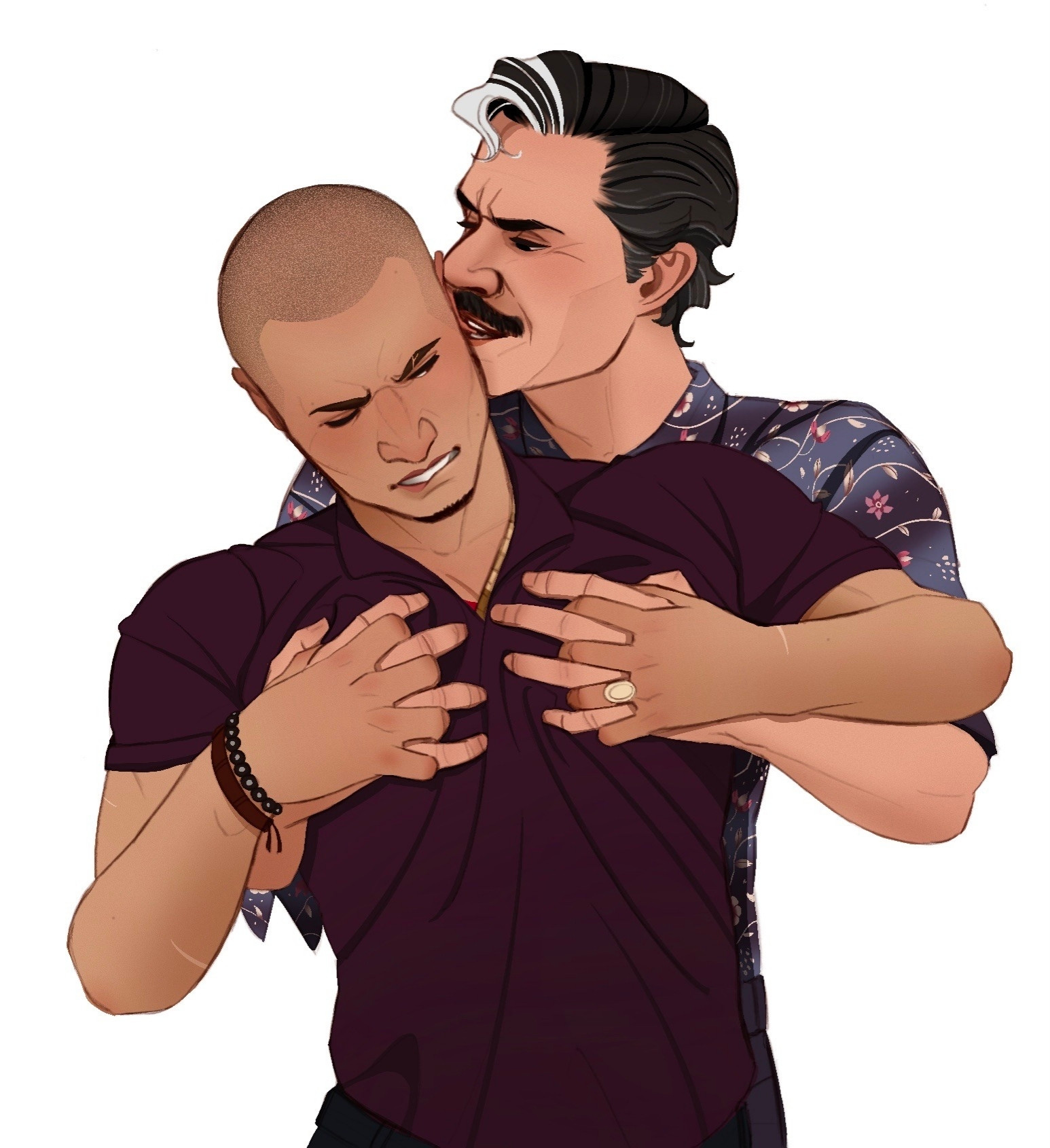 there is a single digital illustration of Lalo standing behind Nacho. His hands are snaked under Nachos arms and groping into the soft fabric over his pecks. Nacho's fingers are entwined in Lalos and his head is ducked down trying to hide the arousal painted across his expression. He is biting his lower lip. Lalo pursues Nacho biting his ear with a delighted grin.