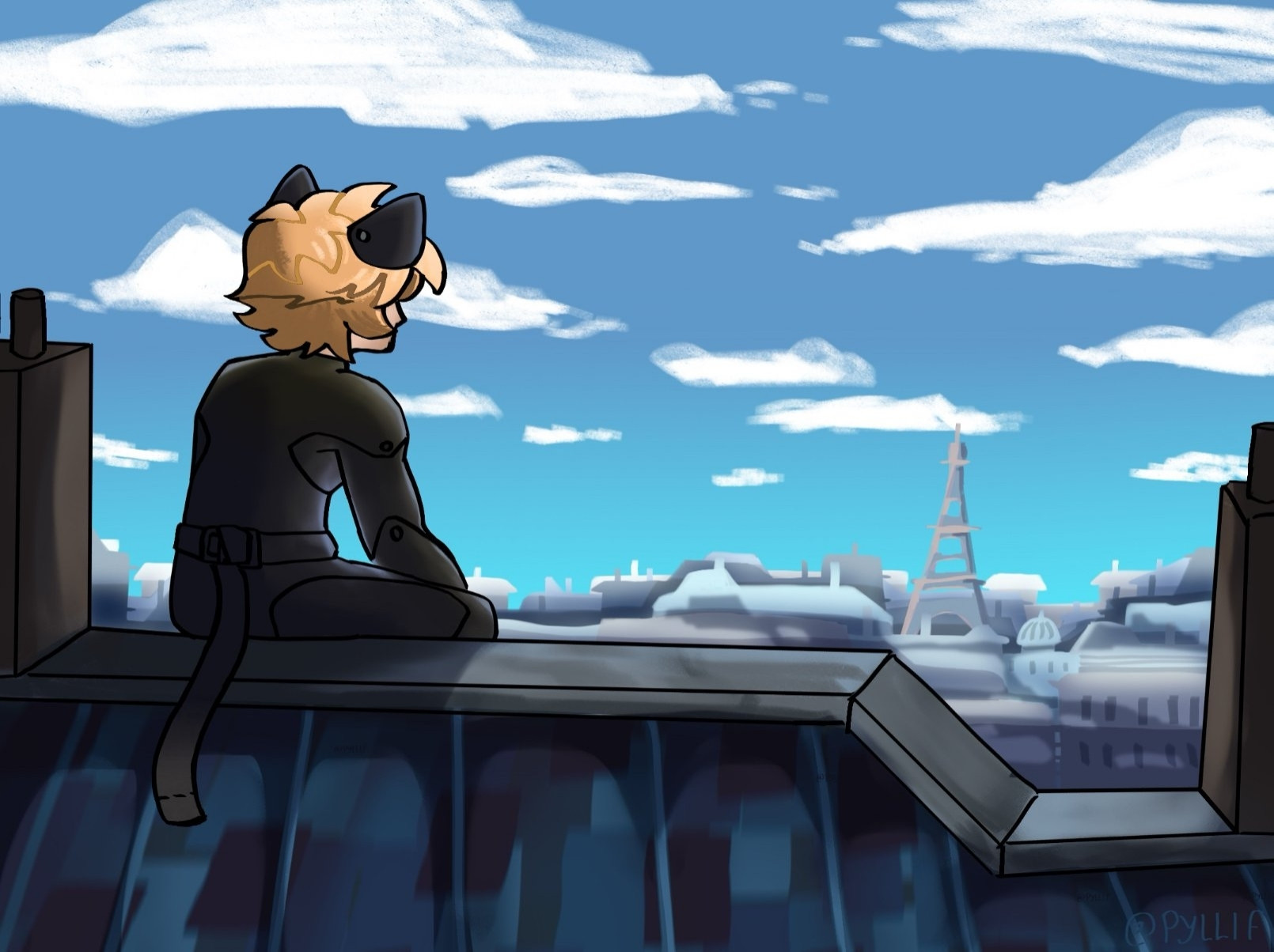 Chat noir sitting on a roof with the back to the camera overlooking paris skyline in daylight. The eiffel tower can be seen in the background. The sky is mostly blue with a few scattered clouds.