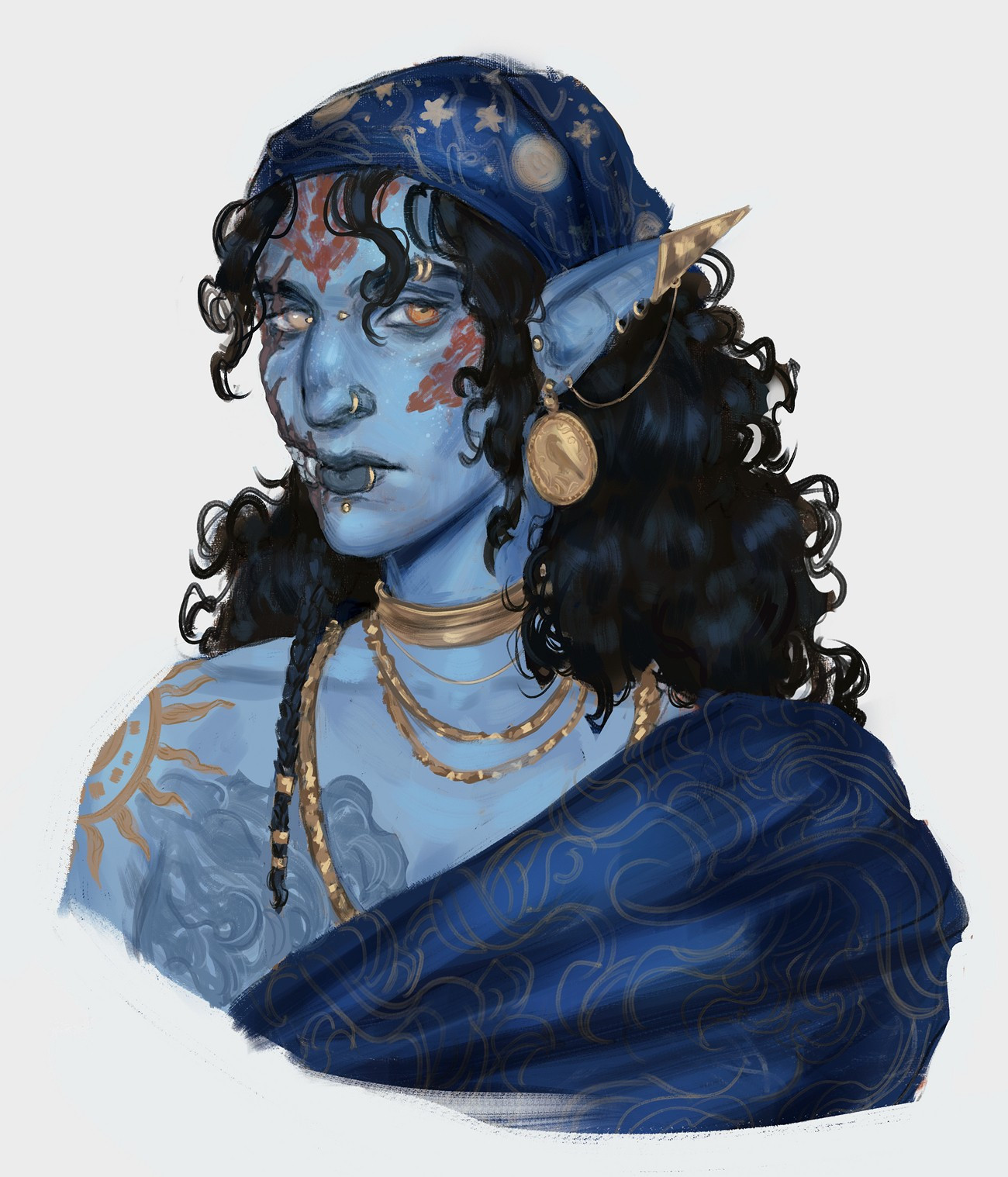 Painting of a character with light blue skin and red markings around their face which is half marred. They have dark curly hair, lots of gold piercings and jewelry and a blue bandana on their head.