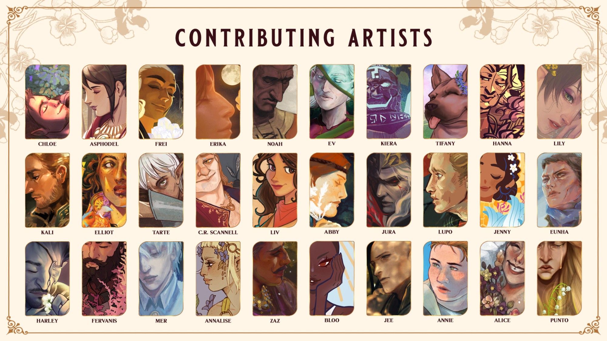 Promo image of the Dragon Age Ardent Blossom zine showing the contributing artists.