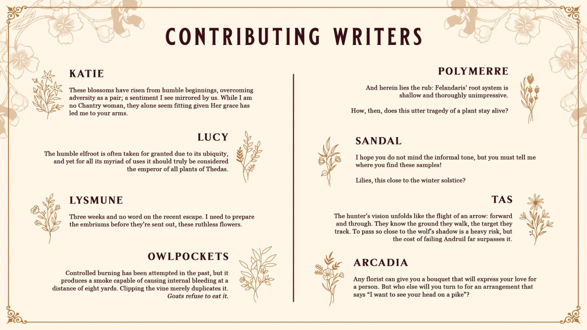 Promo image of the Dragon Age Ardent Blossom zine showing the contributing writers.