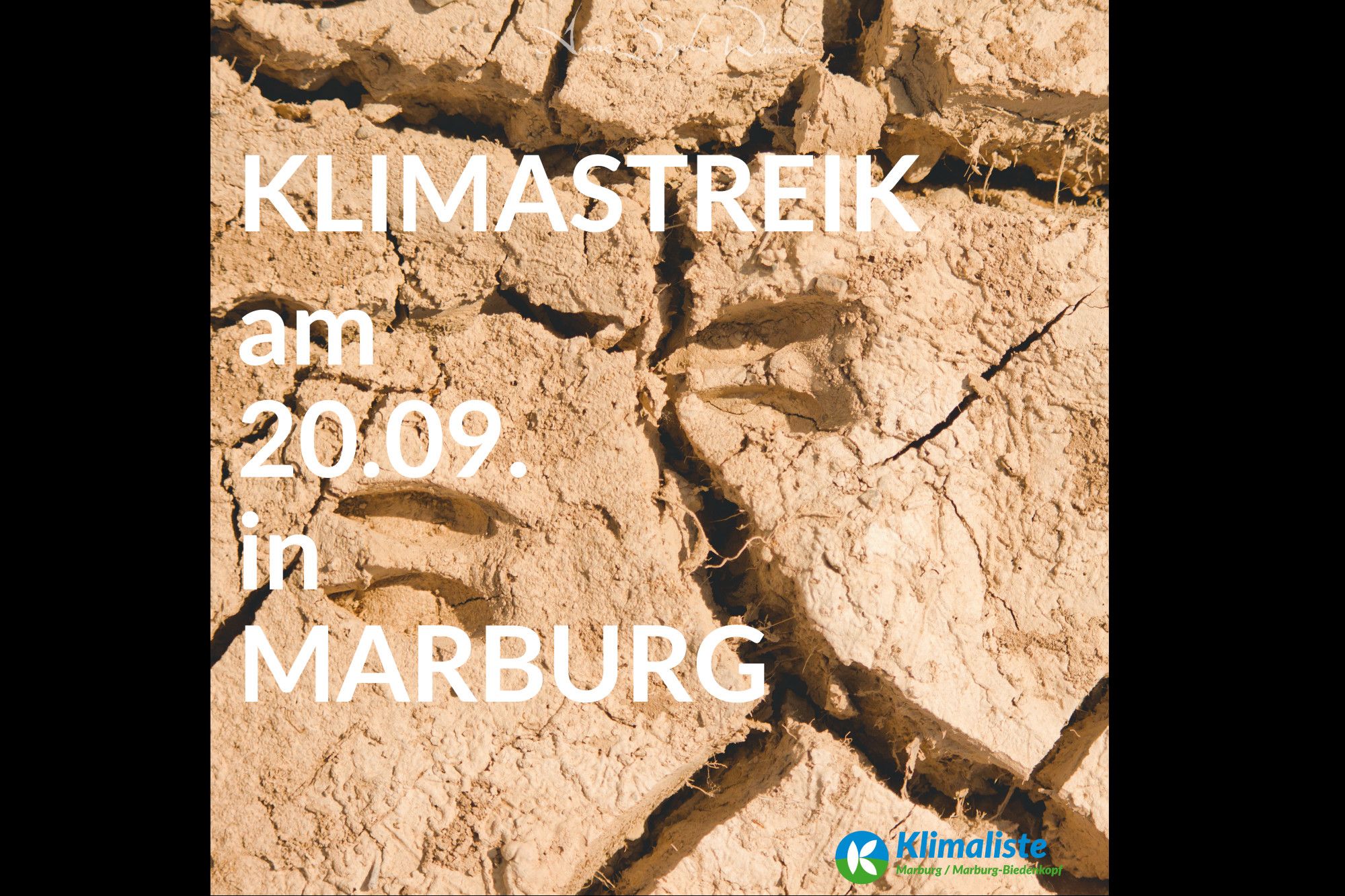 Foto eines unter Dürre aufgebrochenen Bodens mit Hufabdrücken darin.
"Klimastreik am 20.09. in Marburg"
Logo der Klimaliste Marburg/Marburg-Biedenkopf