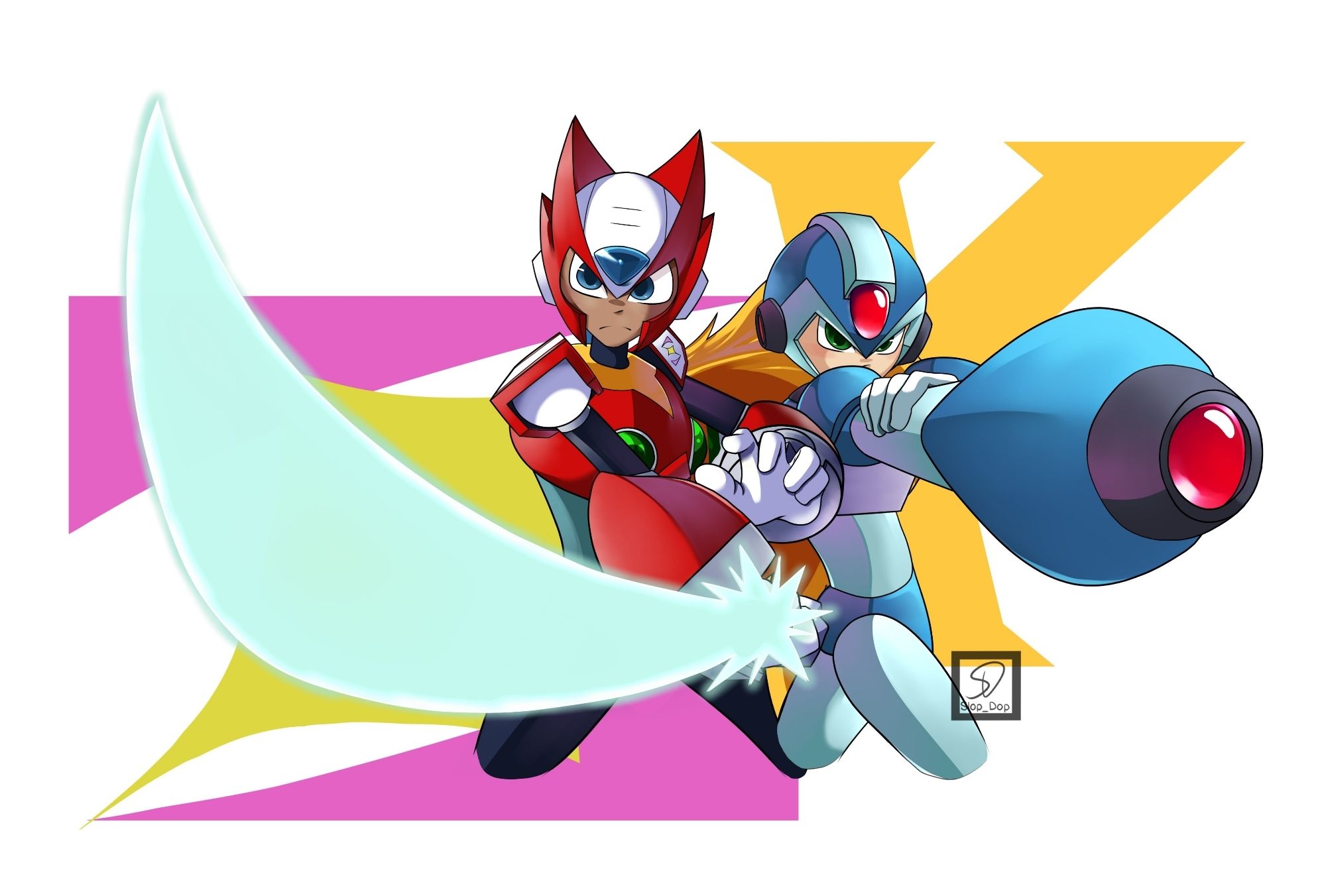 X with his buster and zero with his sword (MegaMan X) ready to fight.