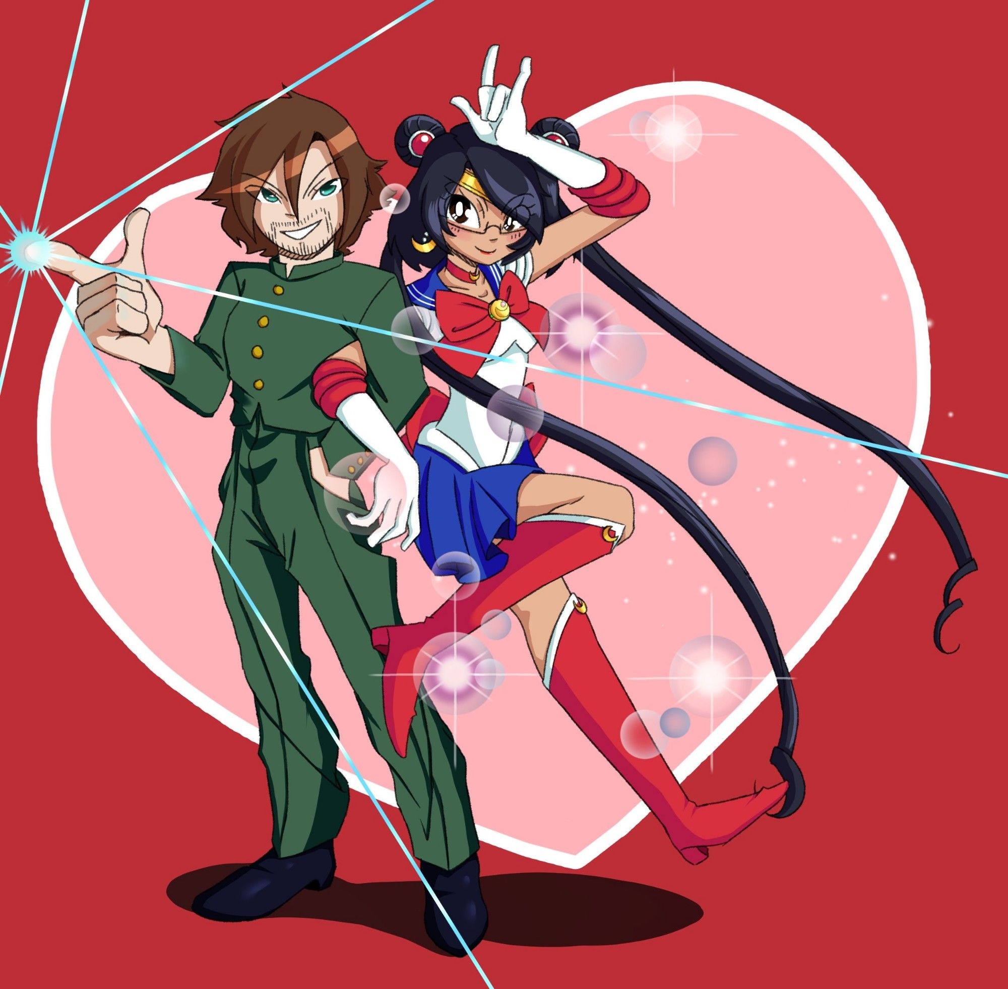 A boy dressed as yusuke urameshi (yu yu Hakusho) and his girlfriend as sailor moon (sailor moon) for Valentine day.