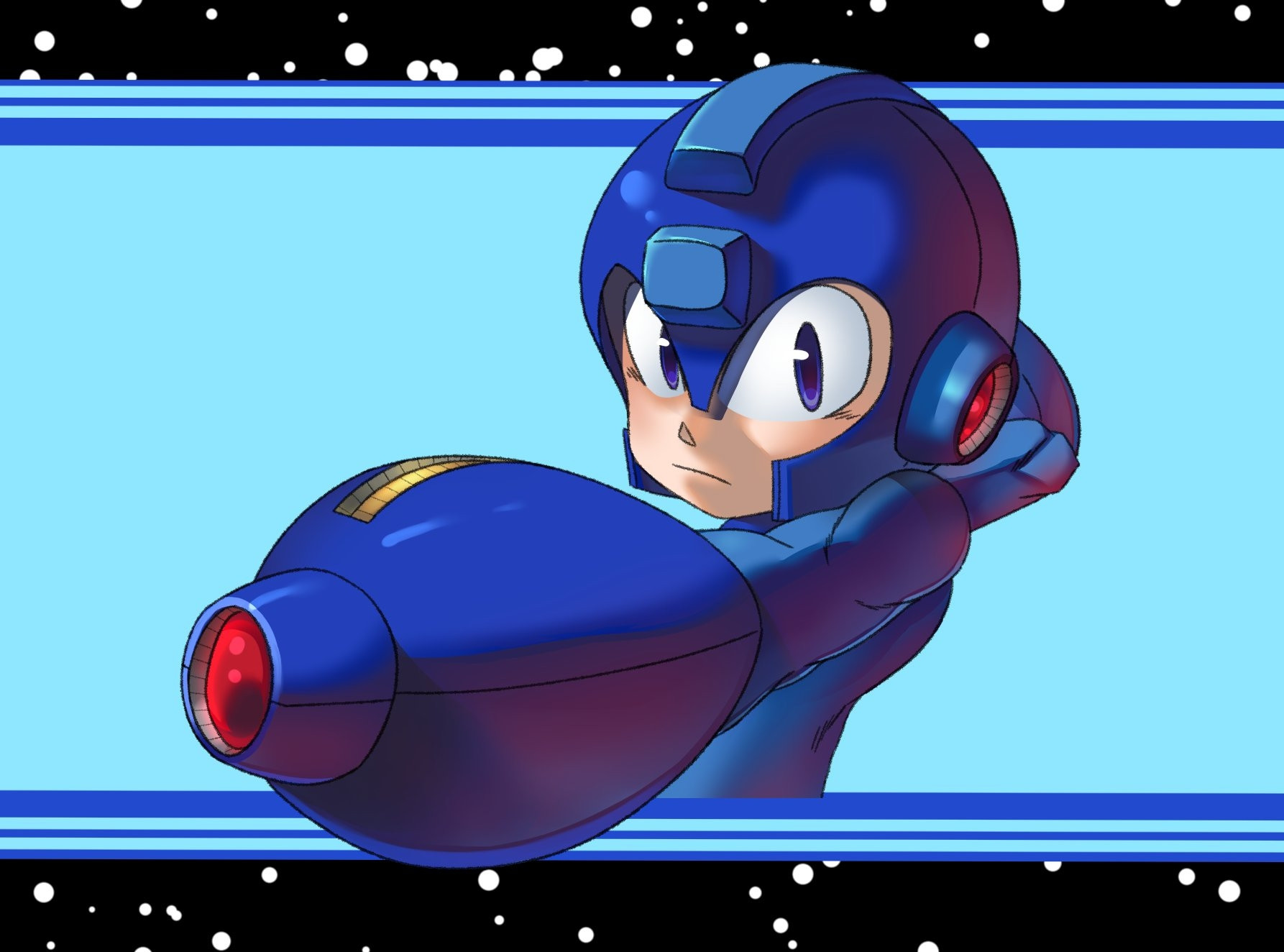 MegaMan in the classic MegaMan 2 boss pose screen.