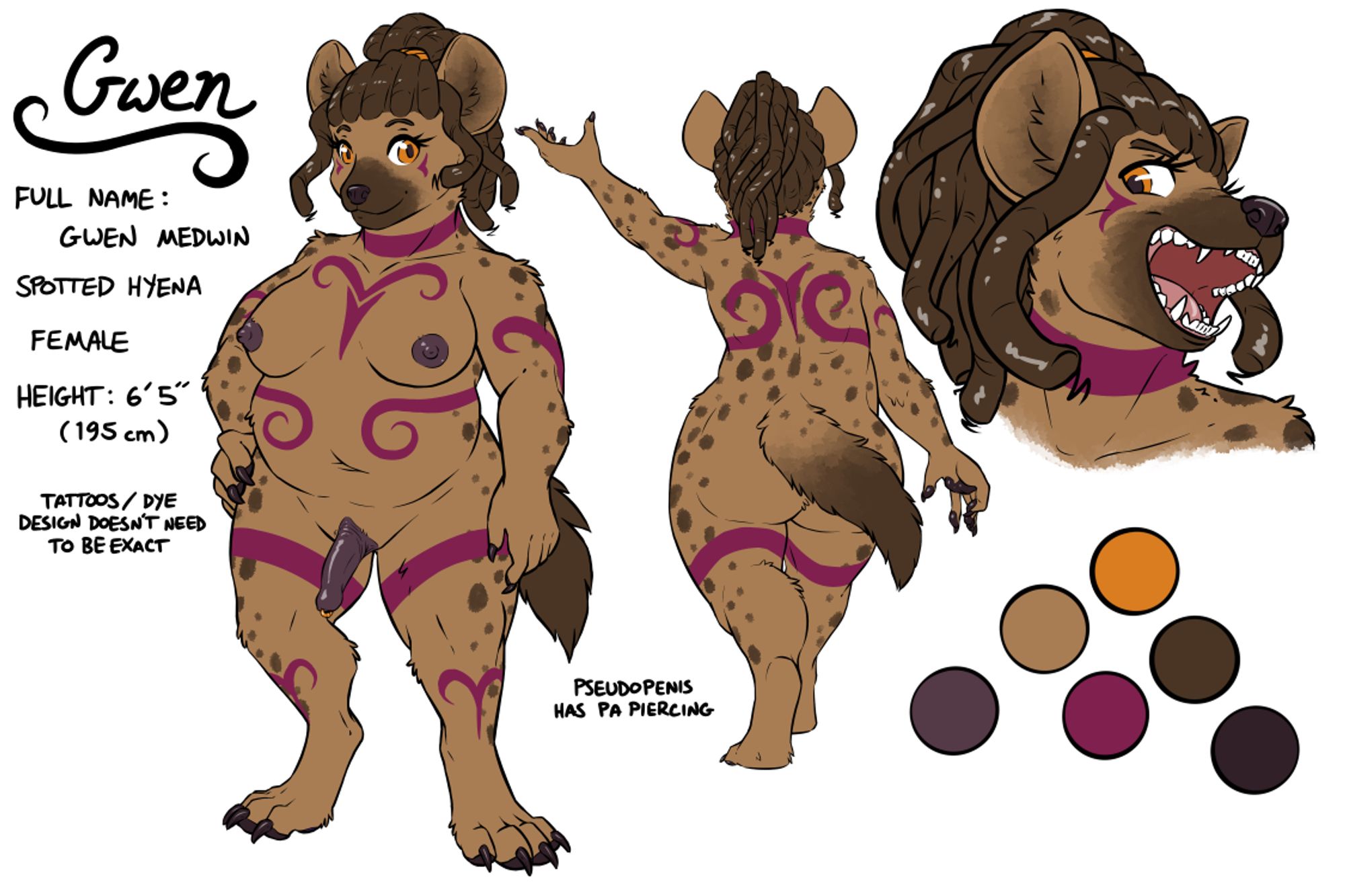 NSFW furry art.  Ref sheet for a female hyena, nude versions.  She's a big girl with patterns dyed into her fur.  Human, canid, and pseudopenis versions.