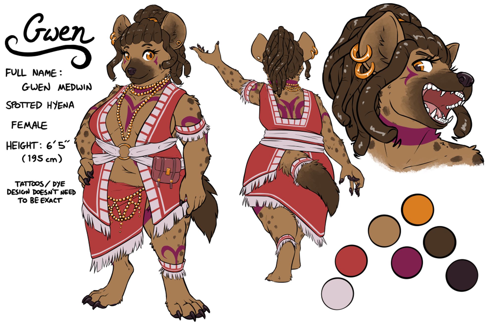 SFW furry art.  Ref sheet for a female hyena, a big girl with patterns dyed into her fur and solarpunk-inspired outfits.