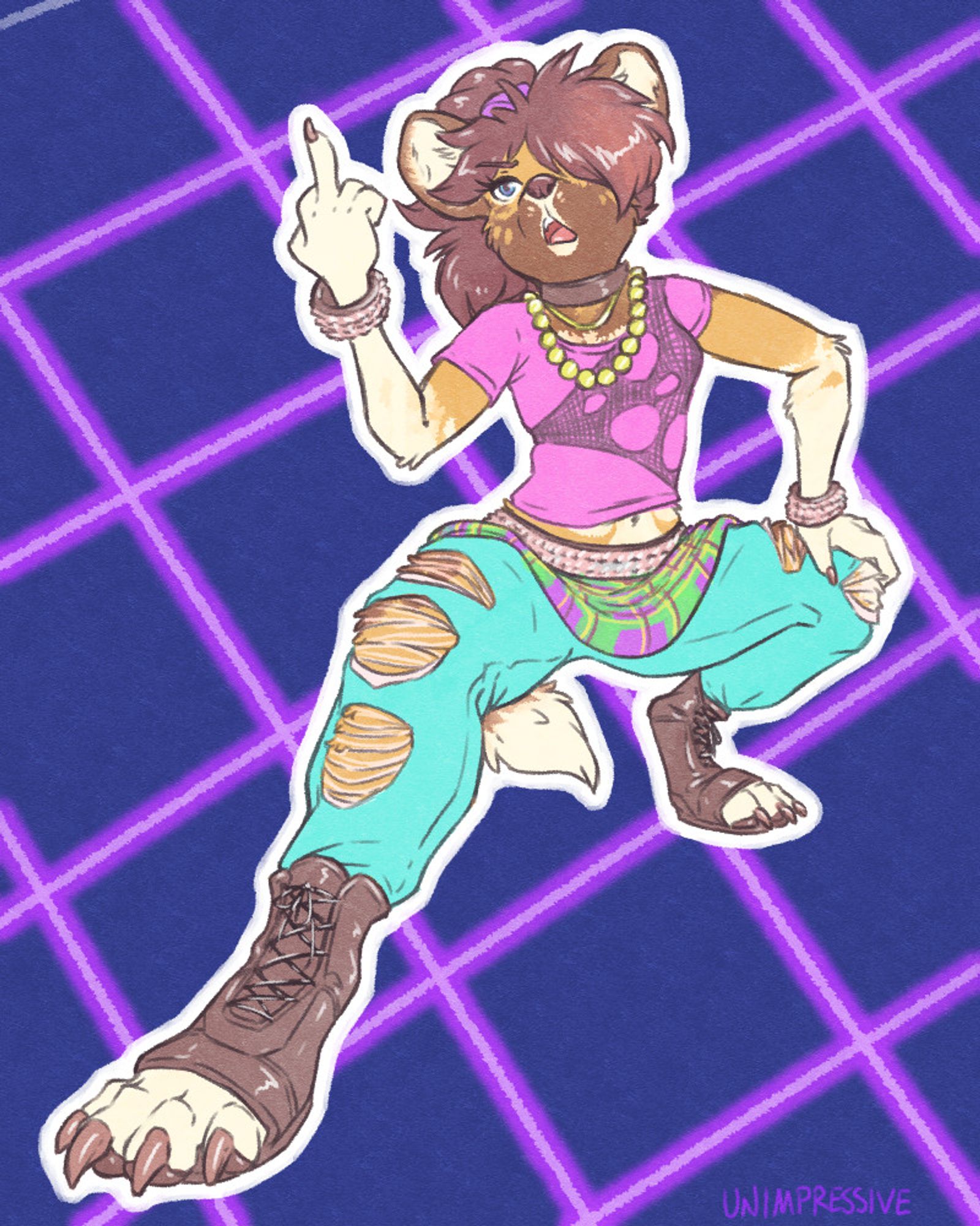 SFW furry art.  A female African wild dog in brightly-colored 1980s pop punk attire, showing the viewer her middle finger.