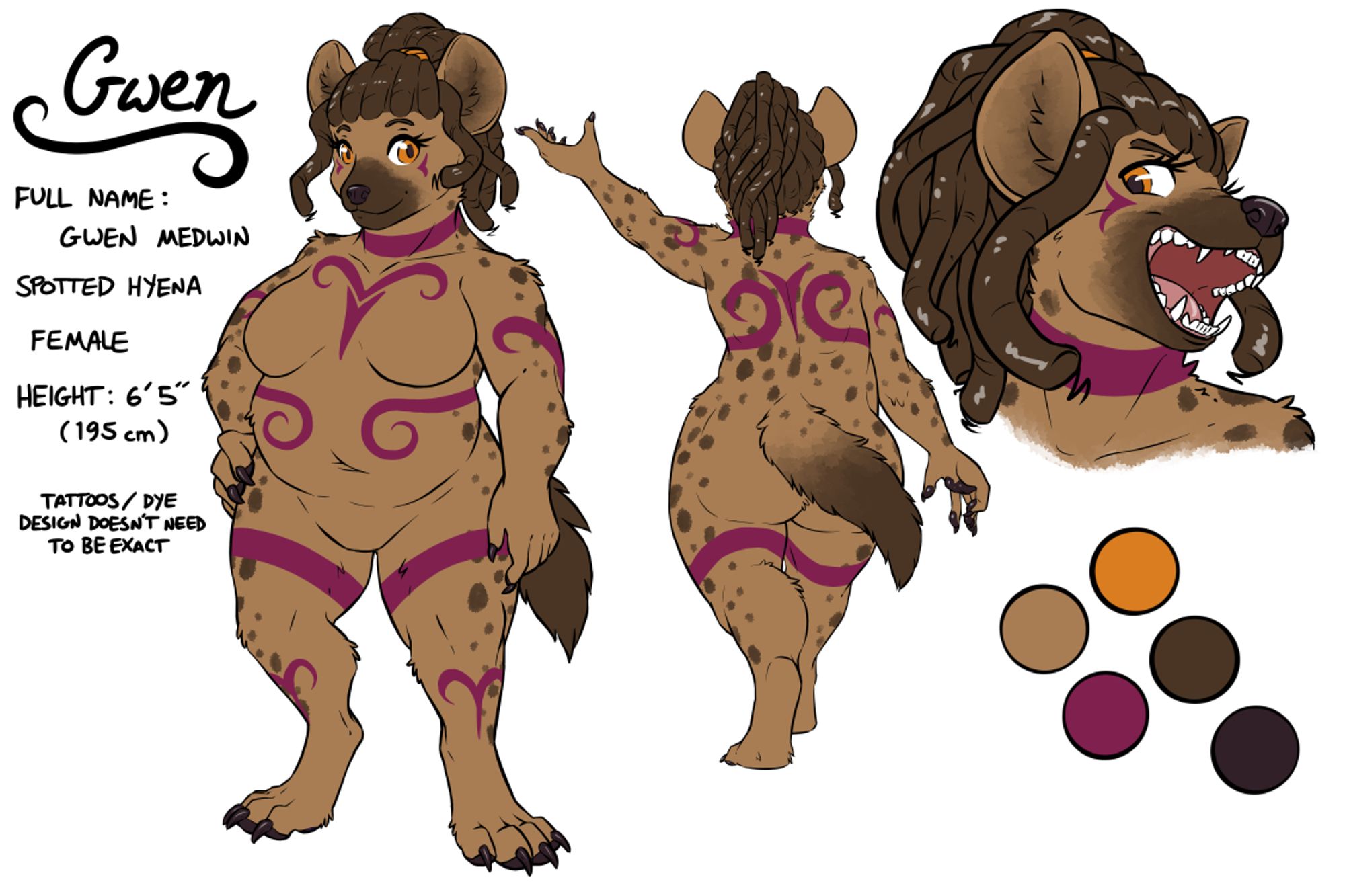 SFW furry art.  Ref sheet for a female hyena, a big girl with patterns dyed into her fur and solarpunk-inspired outfits.