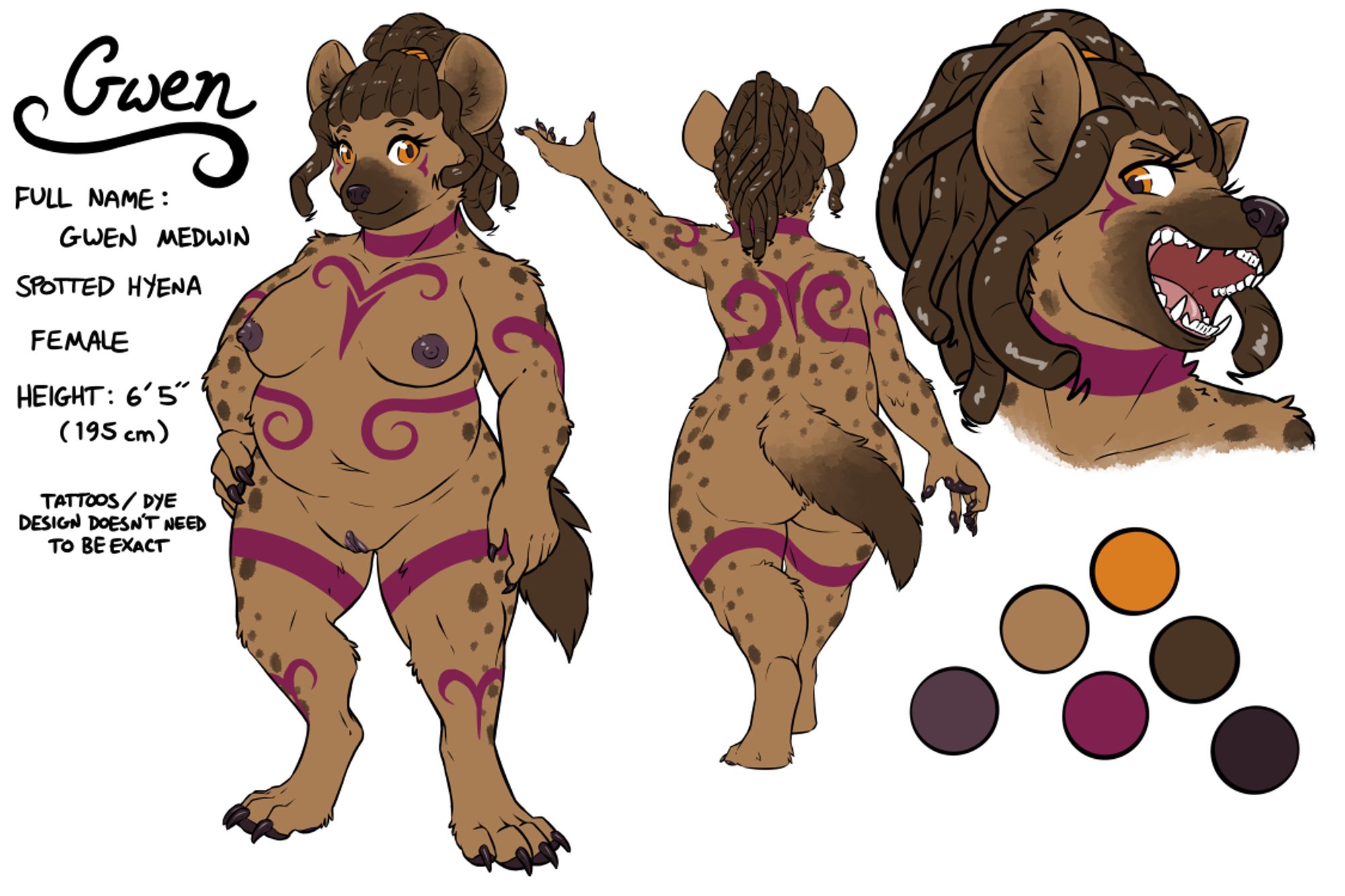 NSFW furry art.  Ref sheet for a female hyena, nude versions.  She's a big girl with patterns dyed into her fur.  Human, canid, and pseudopenis versions.