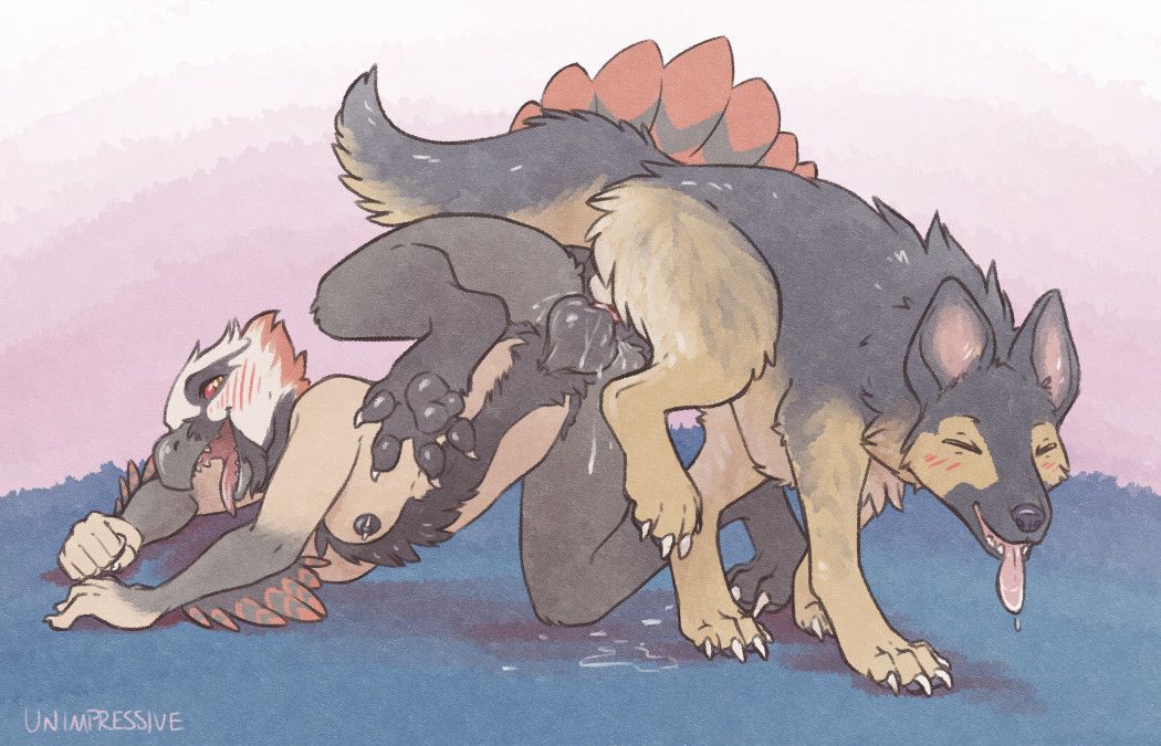 NSFW furry art. A female anthro bearded vulture/werewolf with a canine vagina, knotted by a nonanthro German shepherd who's turning away and panting..