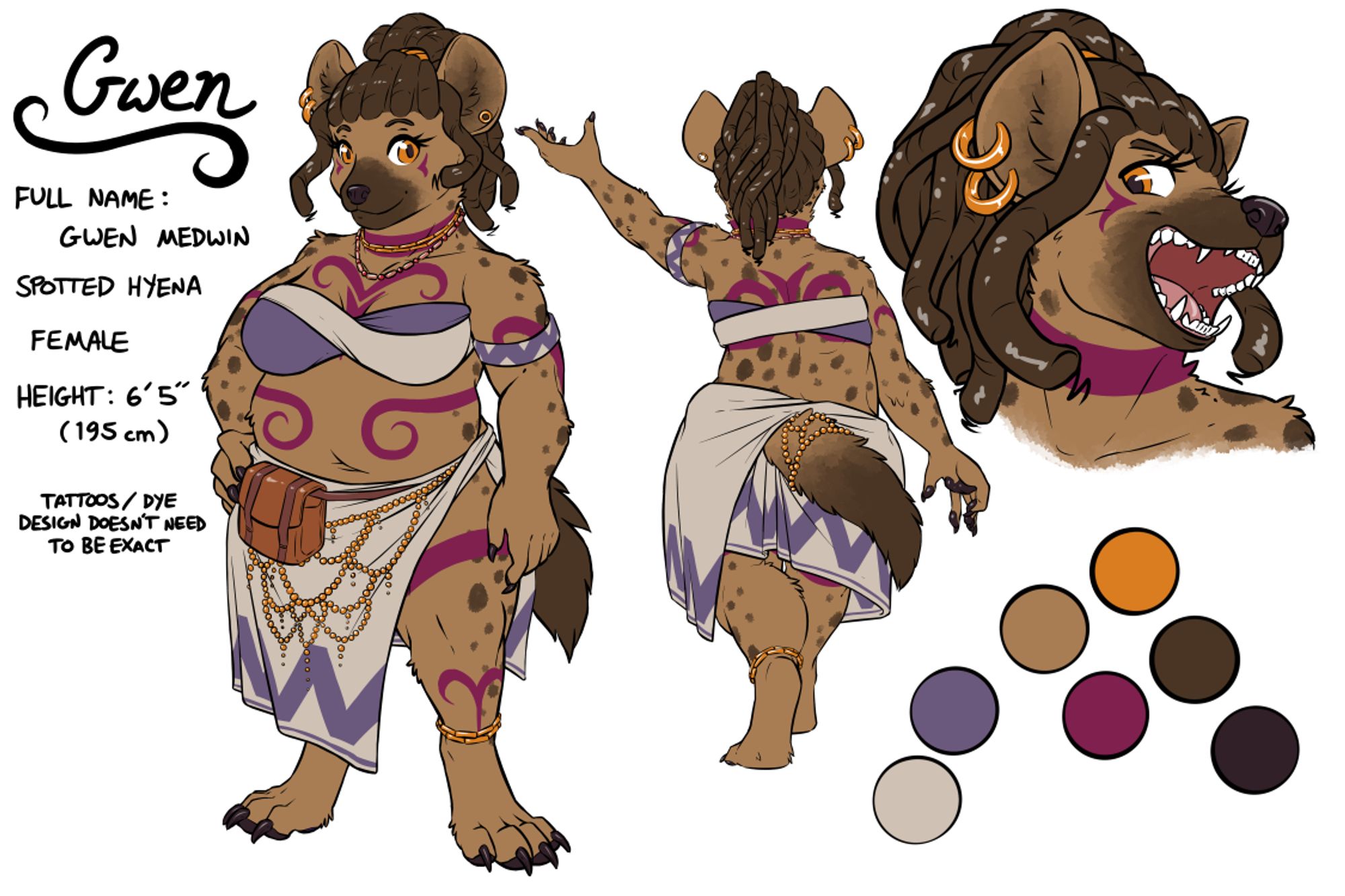 SFW furry art.  Ref sheet for a female hyena, a big girl with patterns dyed into her fur and solarpunk-inspired outfits.