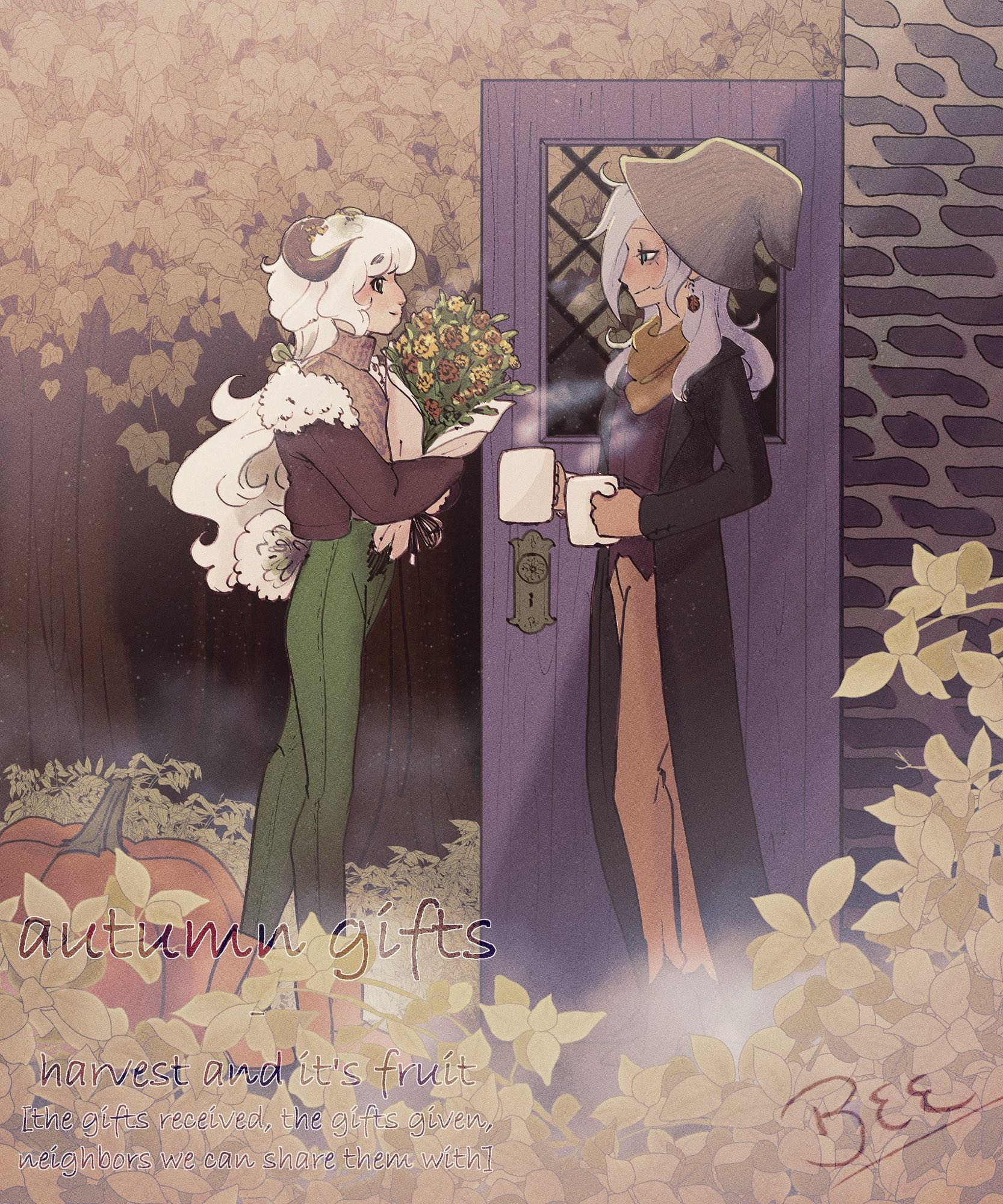 Clover and their partner Dandelion meeting outside in autumn, Clover holding a bouquet and Dandelion holding two warm mugs

Text: Autumn Gifts
Harvest and its fruit
The gifts received, the gifts given, neighbours we can share them with.