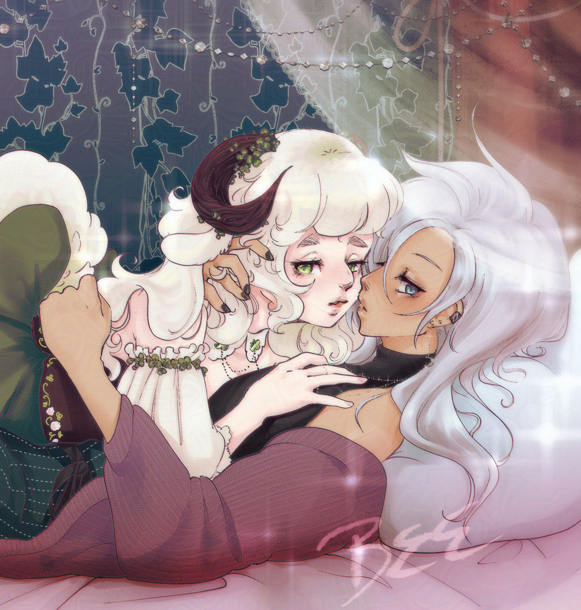 Original Characters, Clover and Dandelion laying down together (Cropped Close up)