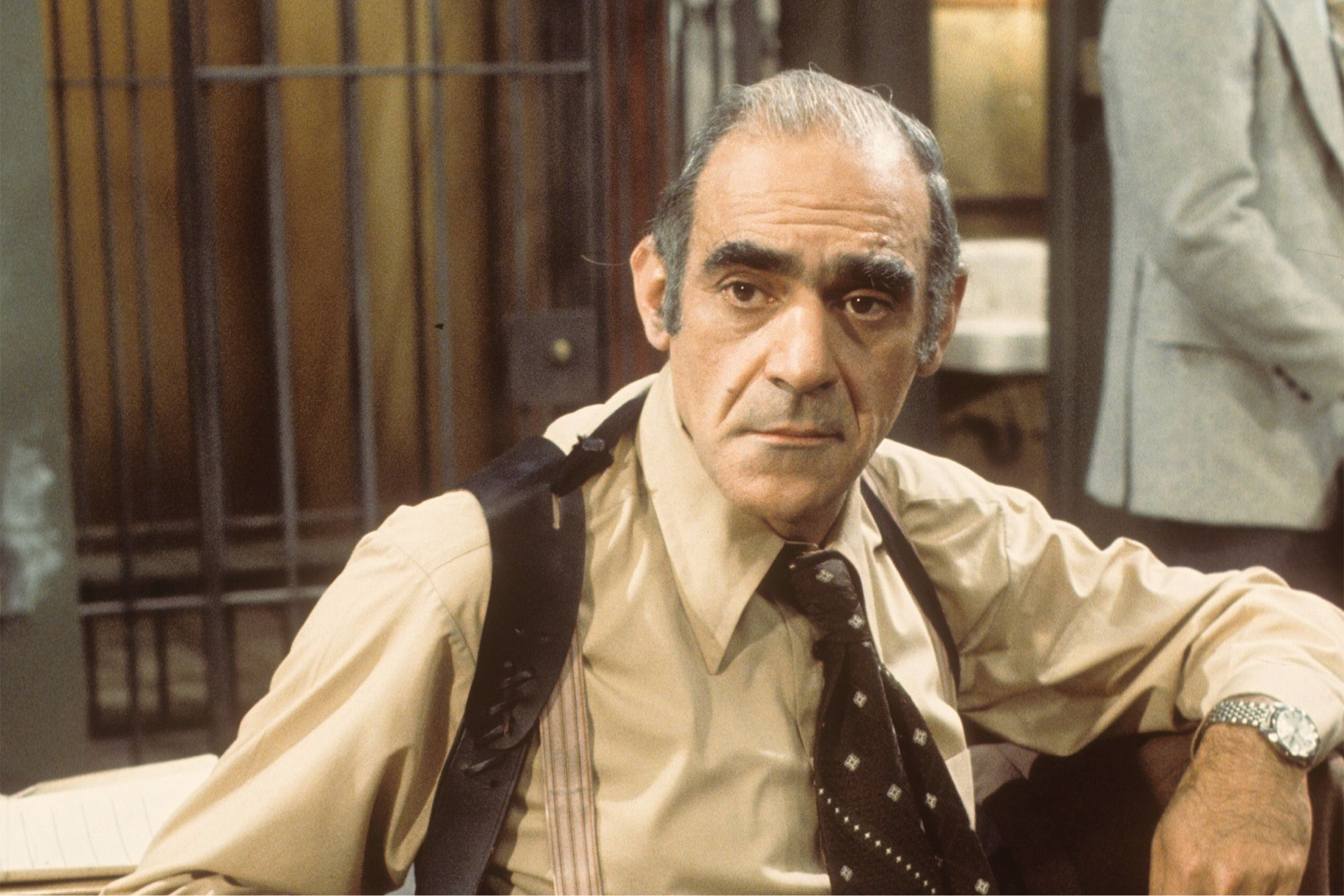 Abe Vigoda as Fish from the series Barney Miller.  He’s staring blankly into the camera, in a beige collared shirt with a wide brown tie.