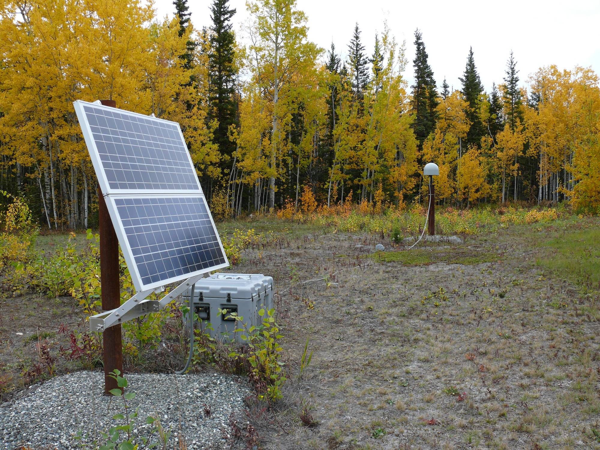 Continuous GNSS site with antenna mast, solar panel, and electronics box set next to trees with yellow foliage.