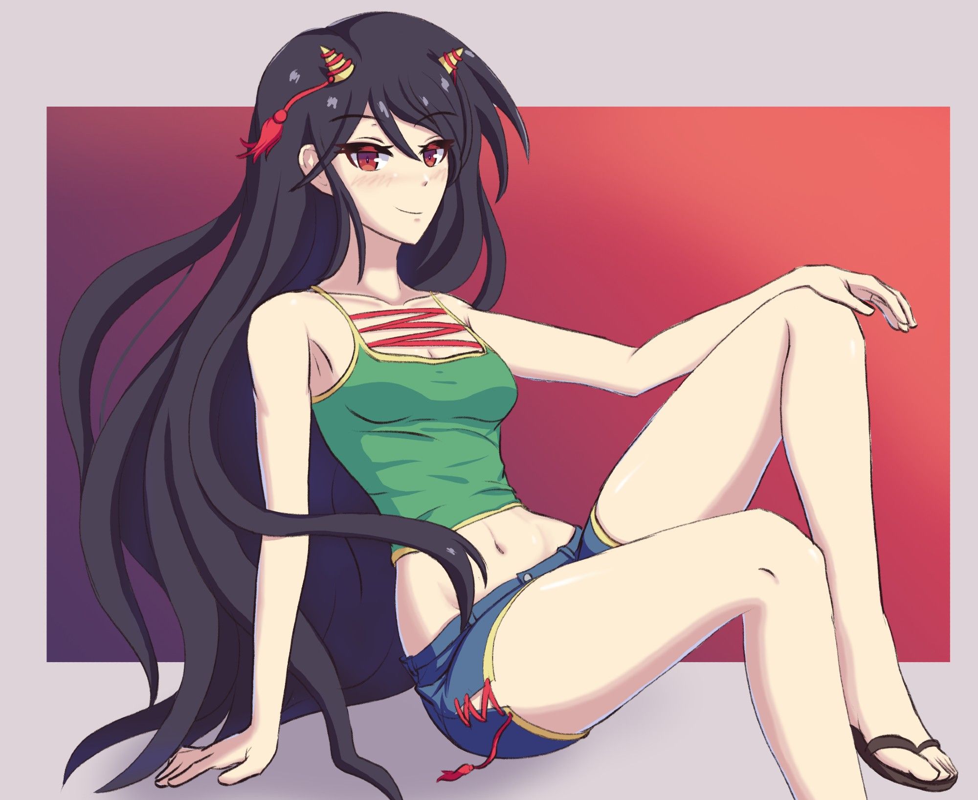 Zanmu sitting and leaning back with a hand on her knee. She's wearing a green camisole and blue jean shorts. The tank has two yellow straps with red straps crossing between those. The shorts have red string keeping the open leg tied.