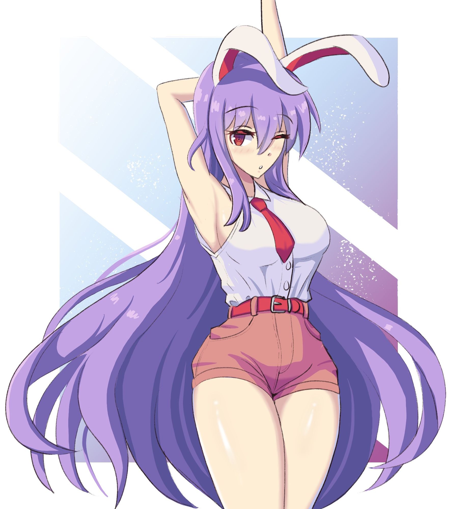 Reisen stretching with one arm raised and the other grabbing it behind her head. She's looking at the viewer with one eye closed. She's wearing  a white sleeveless button down tucked into a pair of high waisted orange shorts with a red belt and a red tie.