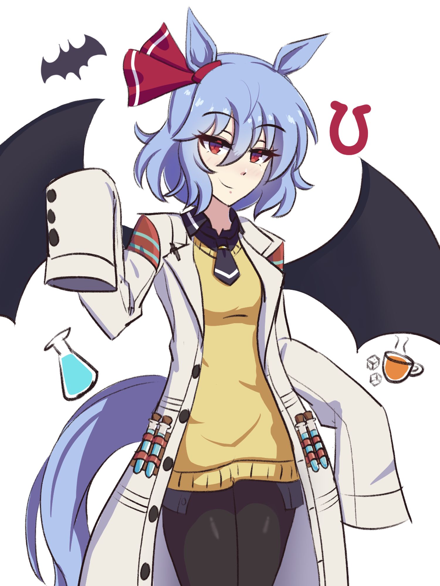 Remilia Scarlet dressed as Agnes Tachyon
she's raising an oversized sleeve towards the viewer
she has a tail and horse ears with her ribbon tied around her viewer's-left ear 
there are doodles of a bat, a horseshoe, a flask, and tea with sugar in the background