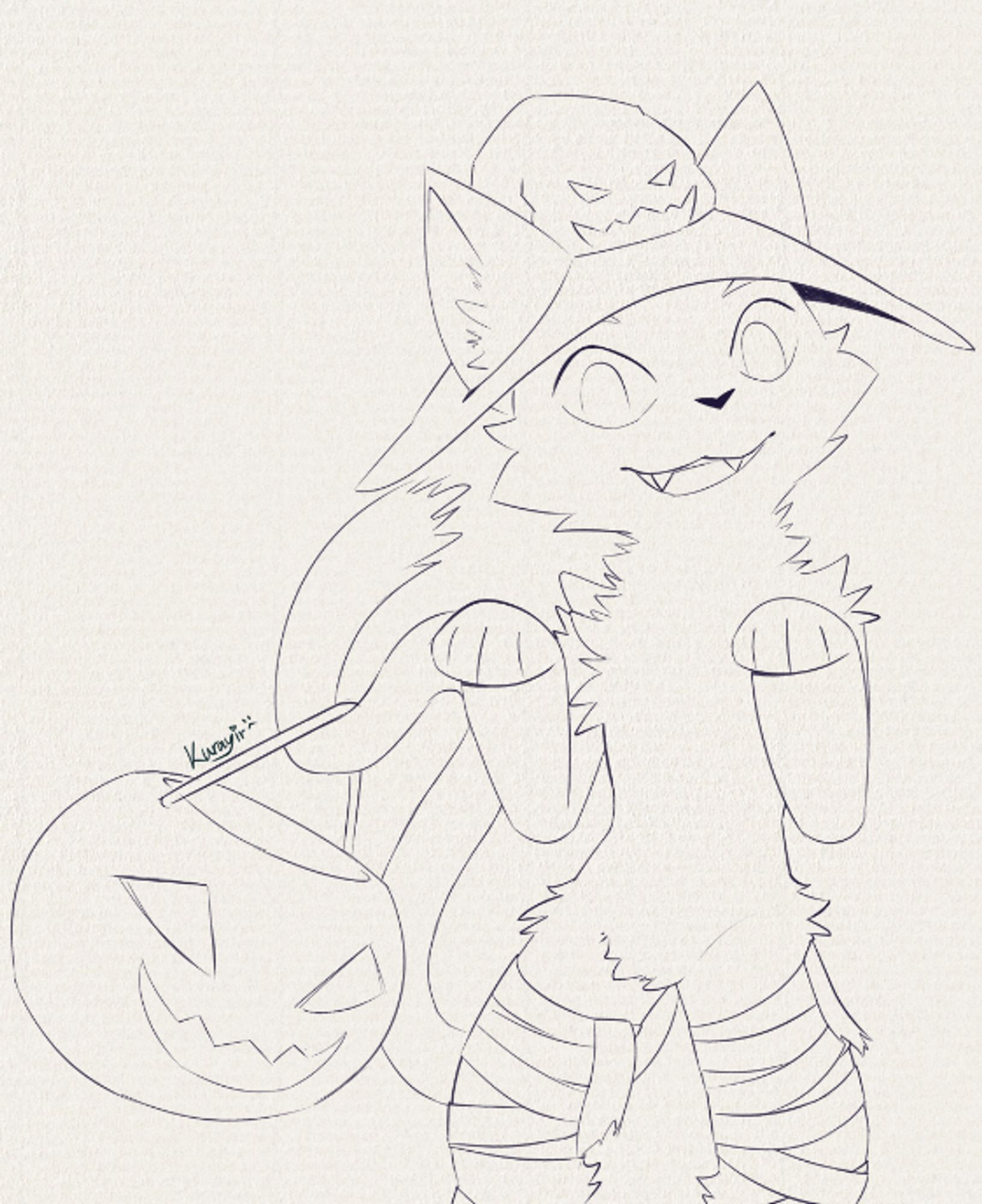 An unfinished digital sketch of a spooky month themed anthro cat