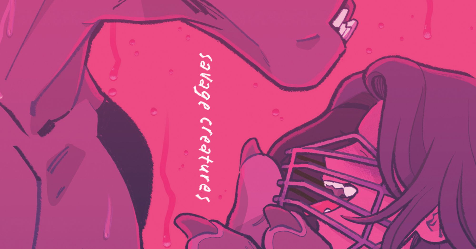 Tightly cropped shot of Leeds and Percy in shades of neon pink, Percy is wearing a muzzle and smiling wickedly. Title vertically reads SAVAGE CREATURES