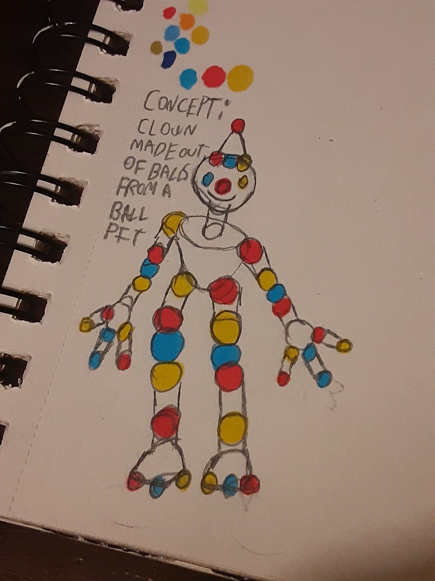 a small primary colored doodle of a clown made out of ballpit balls. on the left says "Concept: Clown made out of balls from a ballpit."