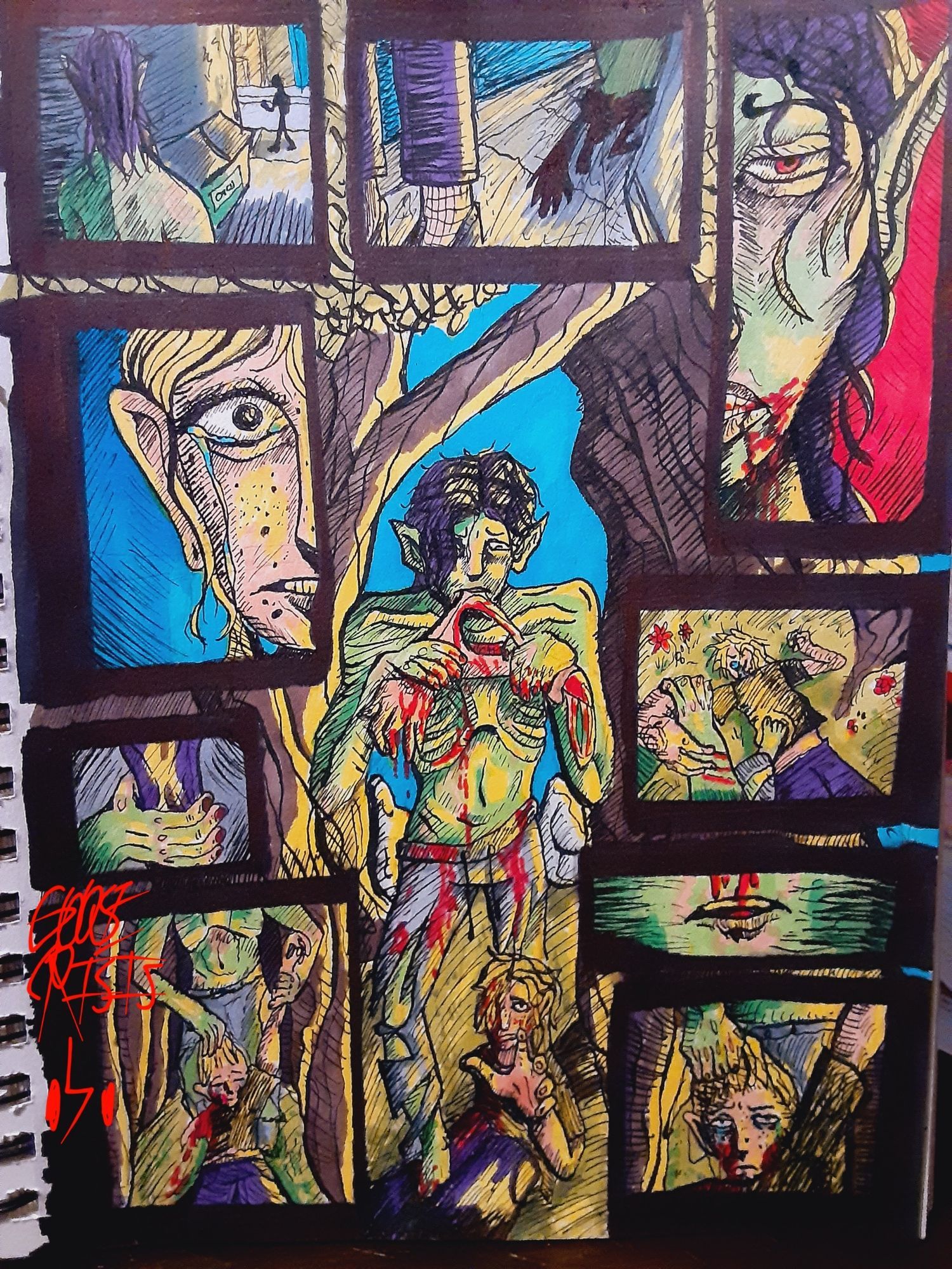 traditional drawing of a zombie comic page. in the center of the page is a zombie eating an arm, and the victim is sat up at the zombie's feet, reaching towards the camera. there's 9 comic panels surrounding the main drawing, all painting the picture of this victim getting stalked and taken apart by this zombie.