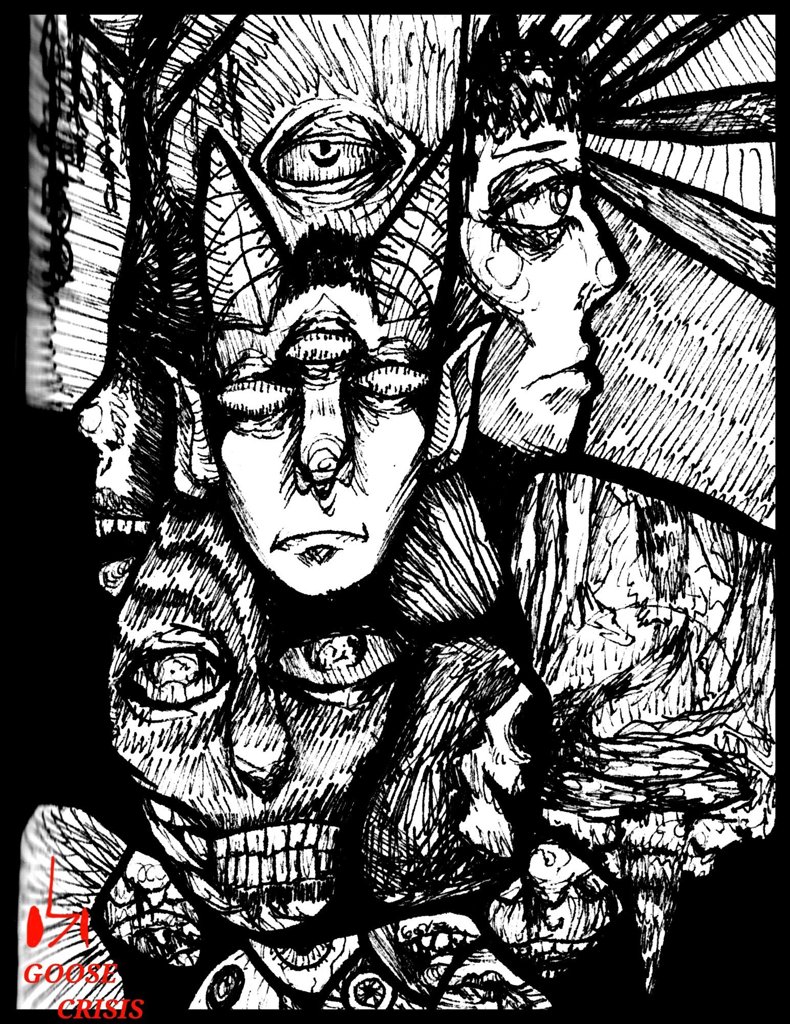 a large black and white complex drawing of faces, misplaced scenery, and textured backgrounds filling the space, signed in red "Goose Crisis"