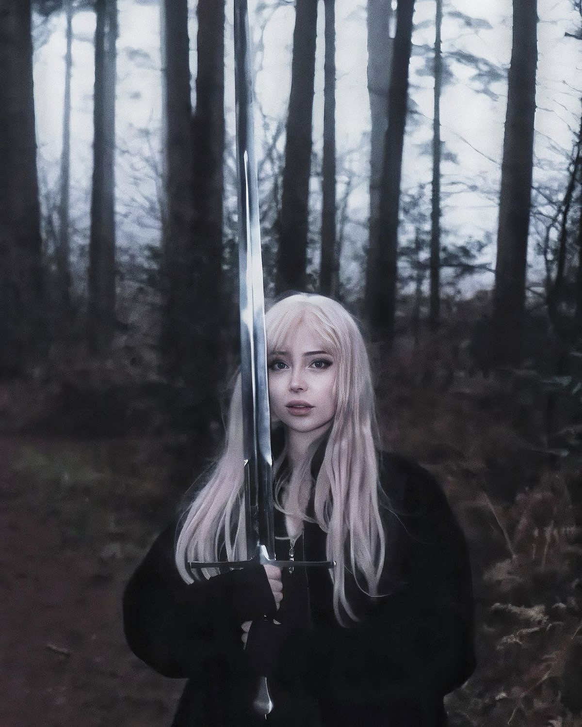 nyahlist in a dark forest holding a sword 