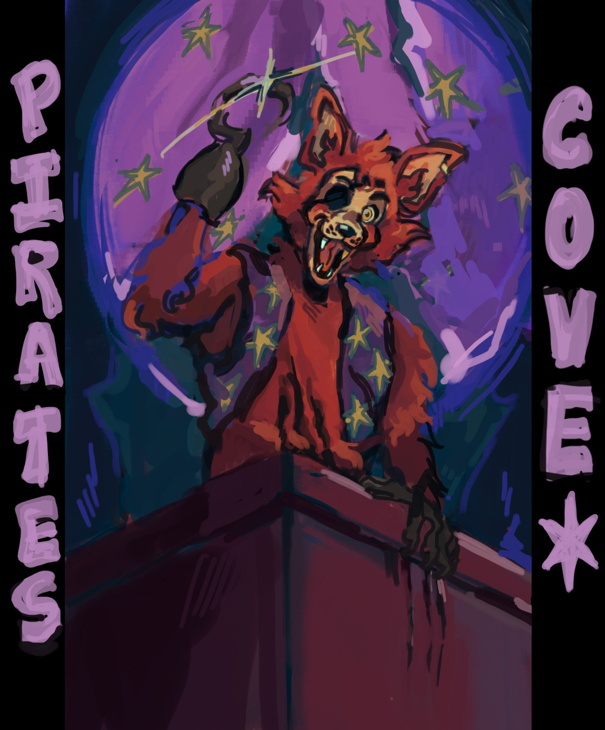 Fanart of foxy the pirate fox from five nights at freddies. animatronic stylization takes heavy inspiration from the rock afire explosion animatronics. foxys in pirates cove with a spotlight on him with his hook up and mouth agape looking towards you the viewer. Theres text on either side of the peice with the text pirates cove. Foxy is standing behind a waist level wall with a star patterned curtain behind him