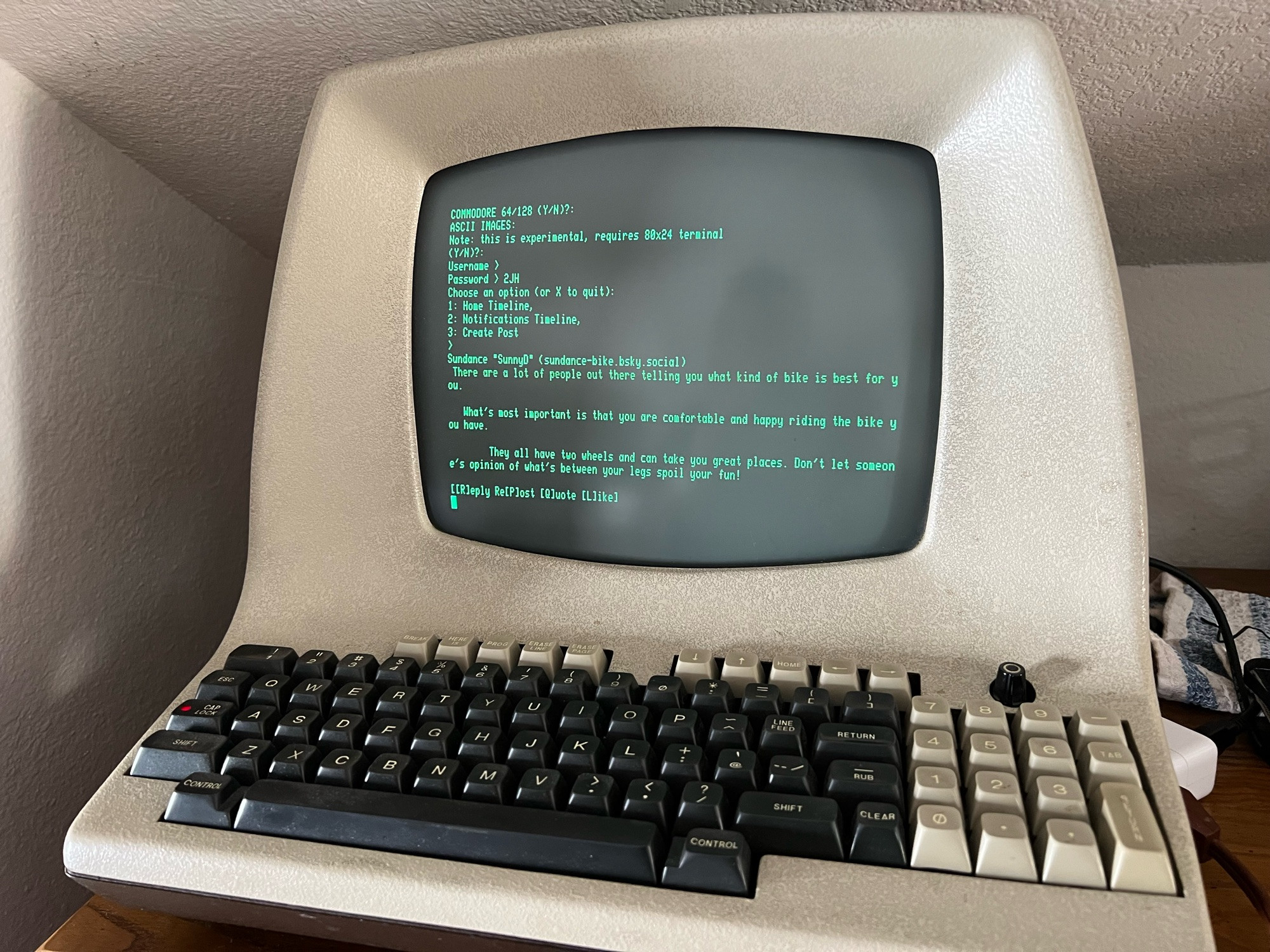 Image of a Bluesky home timeline on an ADM-5 green terminal from the 1980s. It’s very round and retrofuturistic shaped