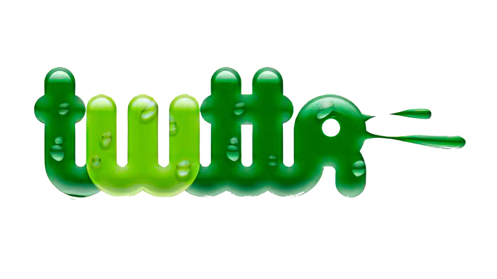 An early twitter logo that reads t w t t r. It's green and slimy.