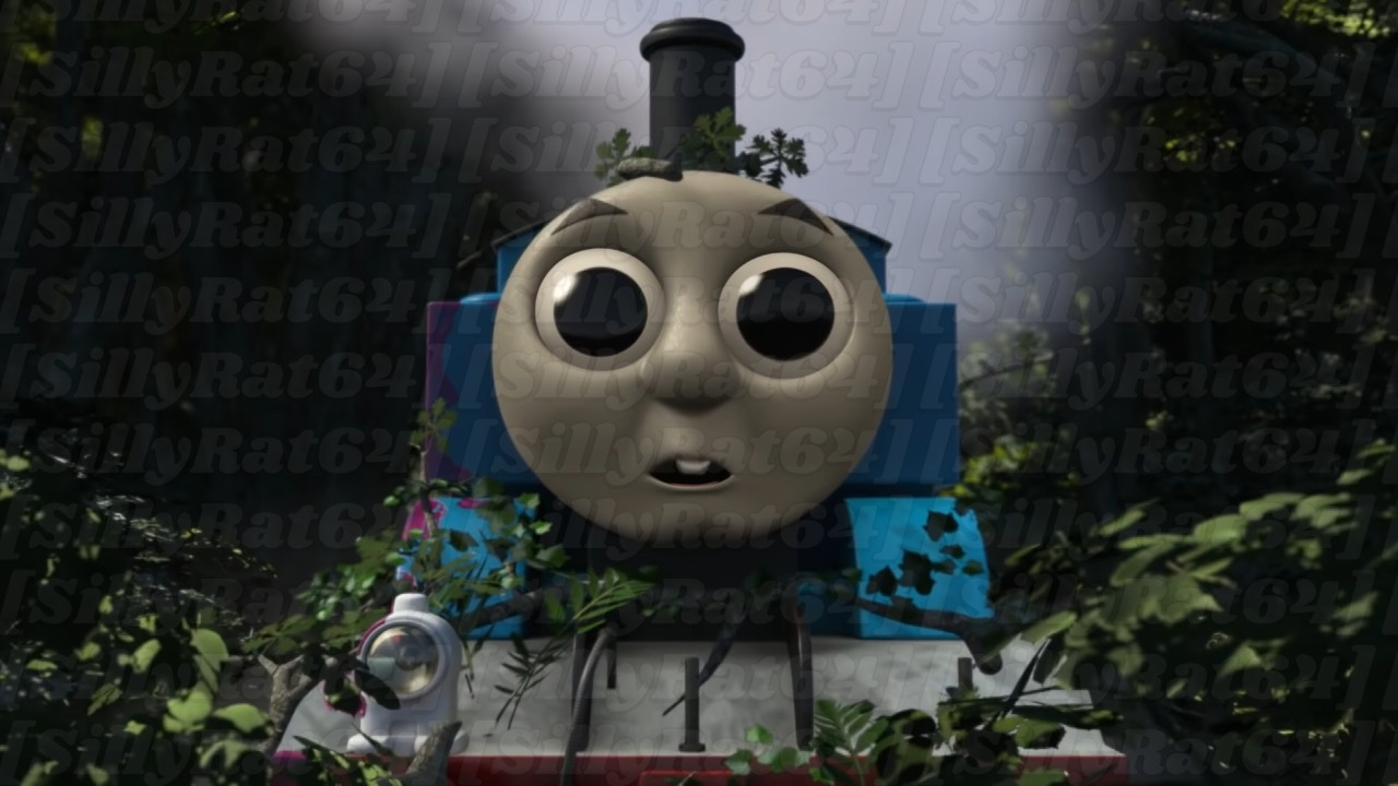 thomas the tank engine with enormous pupils and one tooth looking at the viewer in supposed shock