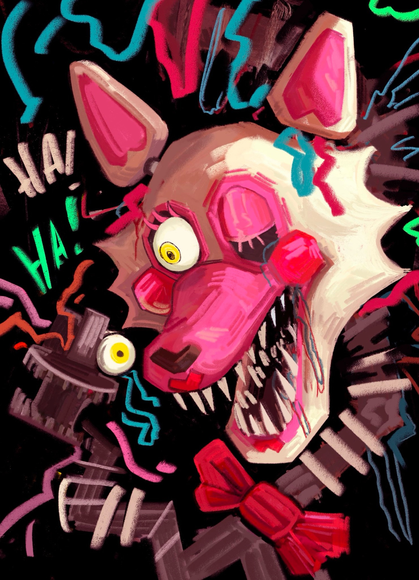 Vibrant colour picture of mangle from fnaf laughing with an endo skeleton