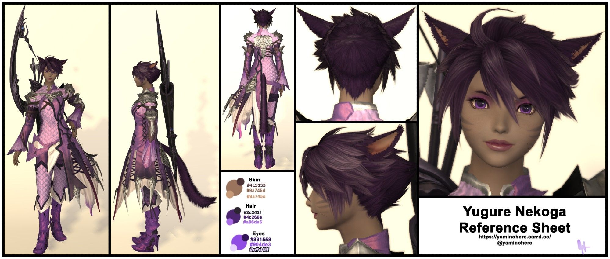 a reference sheet of a purple miqote player character from Final Fantasy 14.  Character's name is Yugure Nekoga.