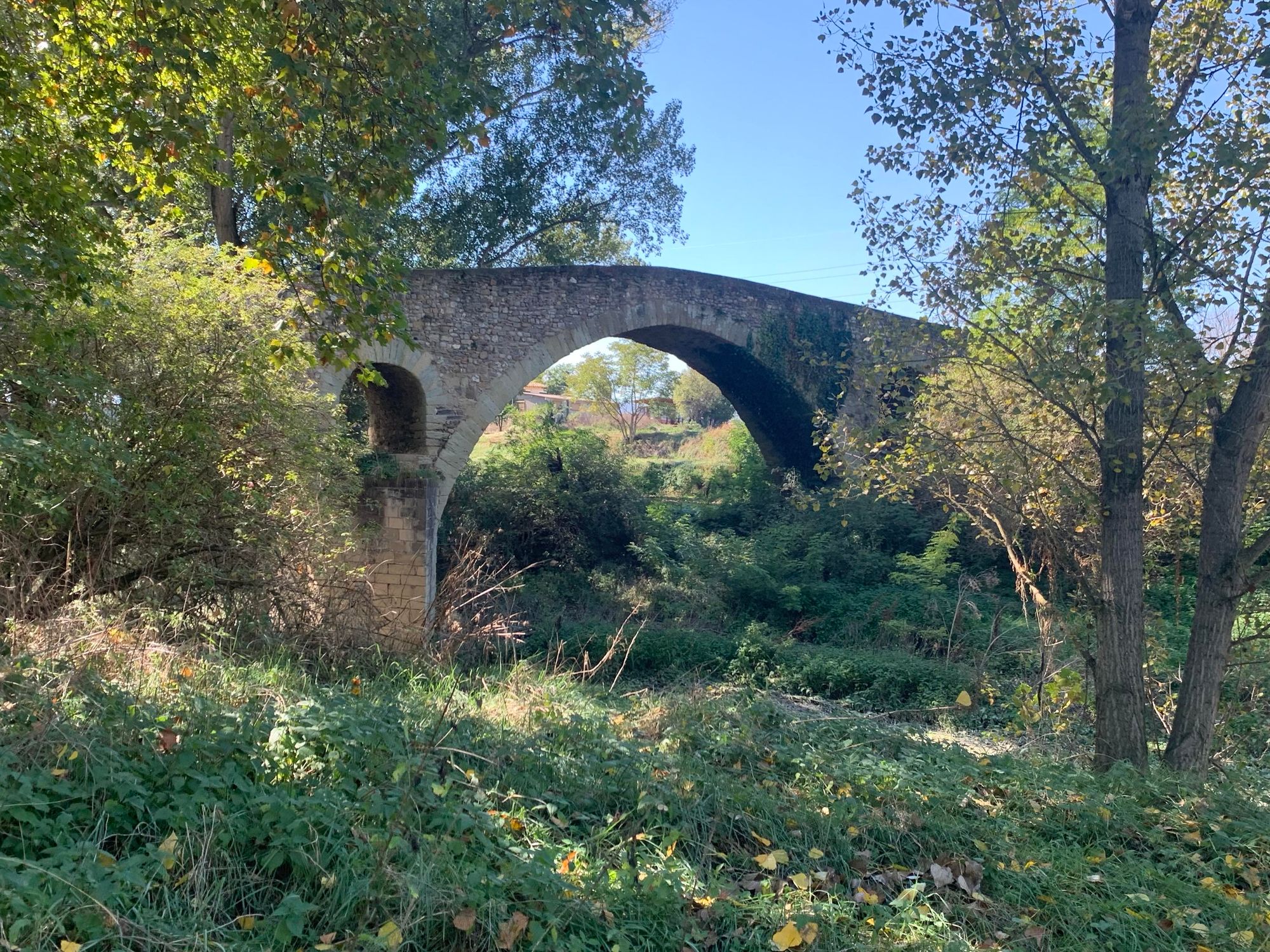 An old stone bridge with a large arch spans a green, overgrown area. Surrounding foliage includes trees and bushes, under a clear blue sky.