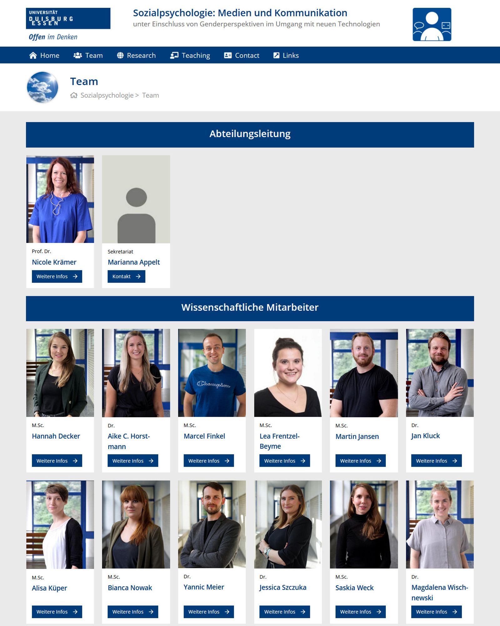 Screenshot of the team members on the website of the chair social psychology: media and communication