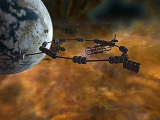 A screenshot from Freelancer, showing a large space station orbiting a planet 