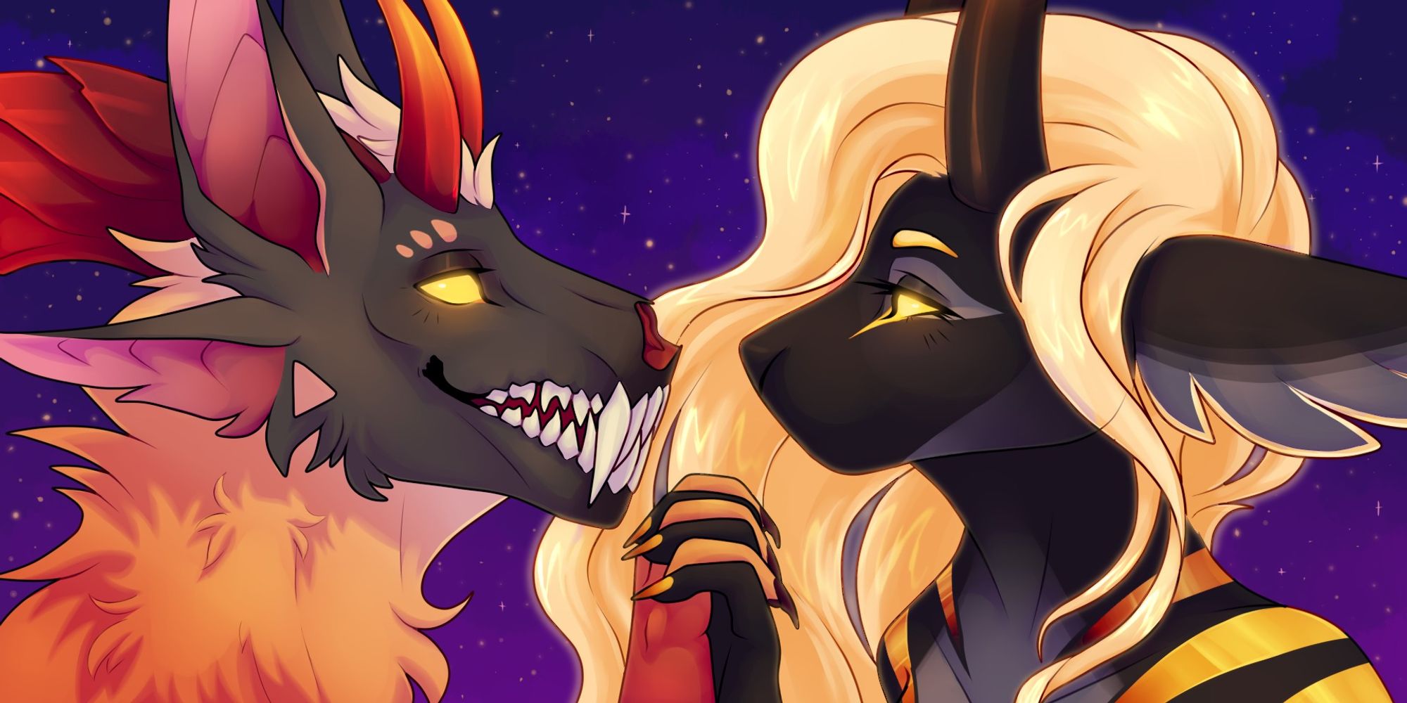 Headshots of two Anthro characters looking at each other while holding hands. (Left:) Skull-like canine with large teeth and two sets of ears and horns. (Right:) Mouthless canine with large horns and long, glowing hair.