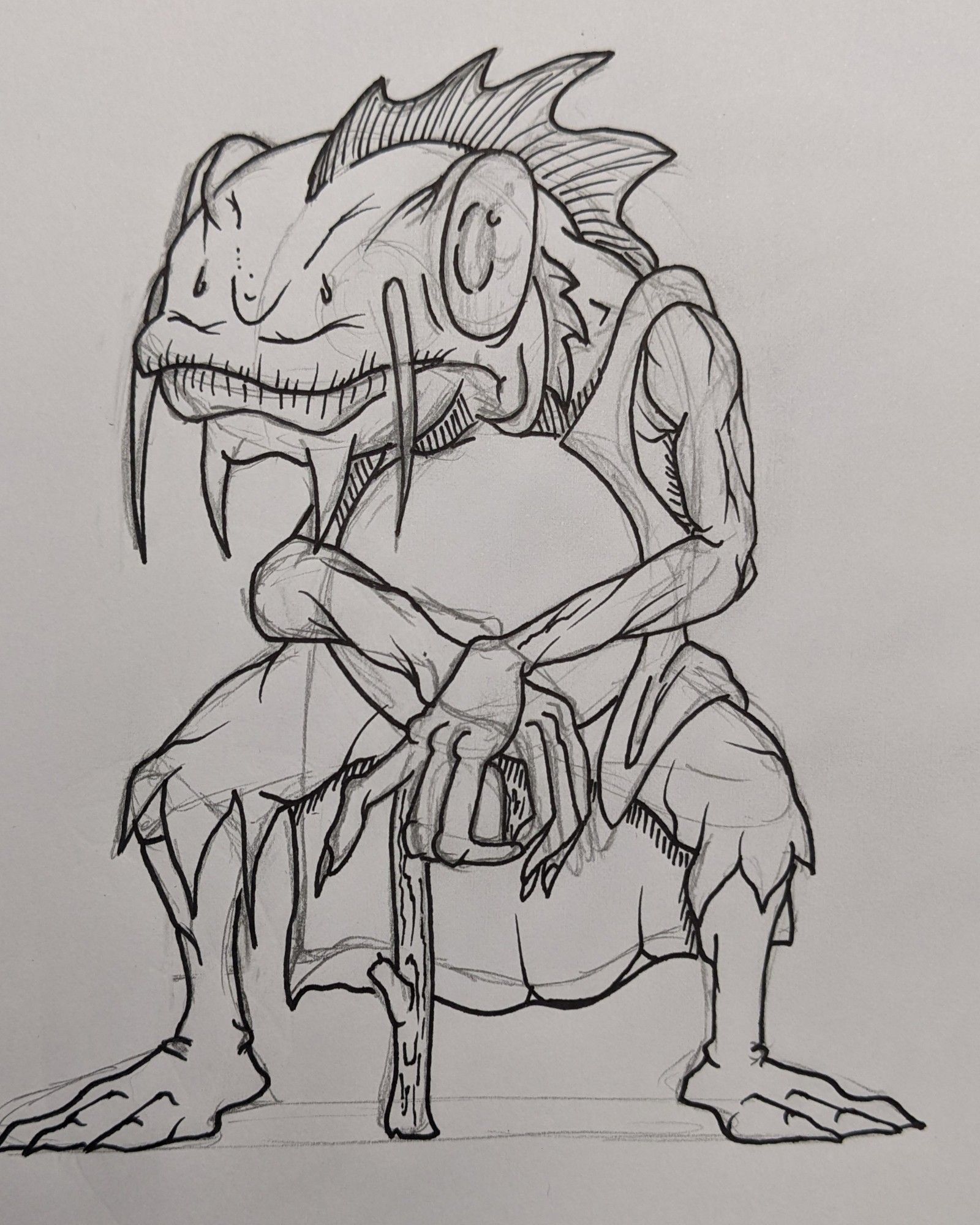 Sketch of a blind, aged, Kuo Toa hunched over a cane.