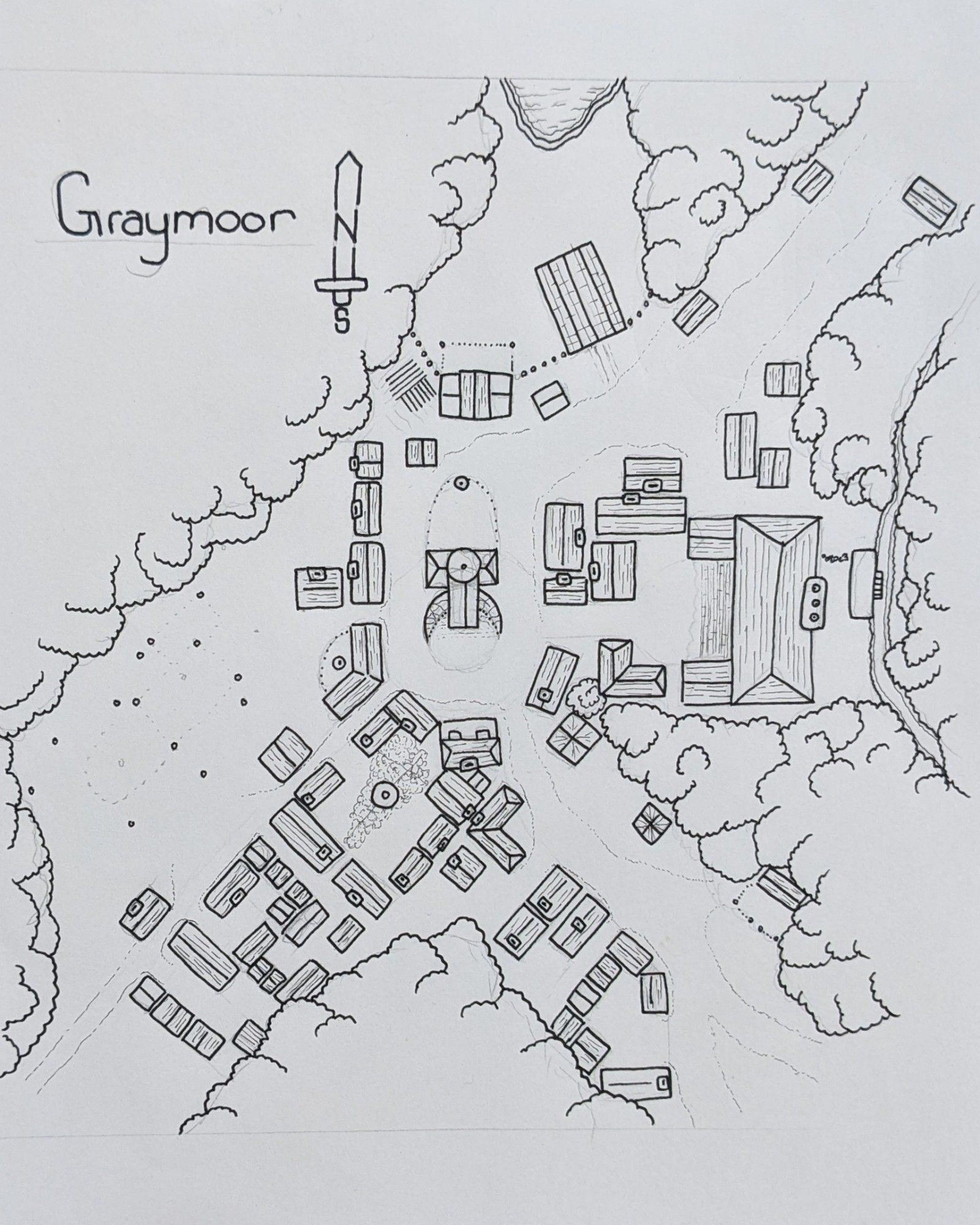 Pencil and ink map of fictional DND town Graymoor