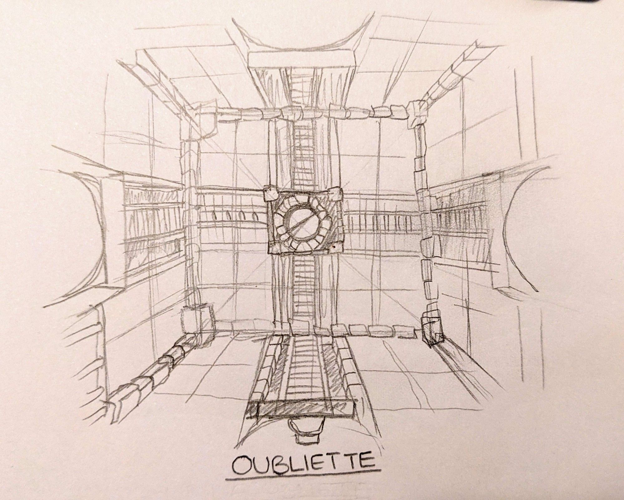 A perspective sketch of a cubed shaped room made of stone