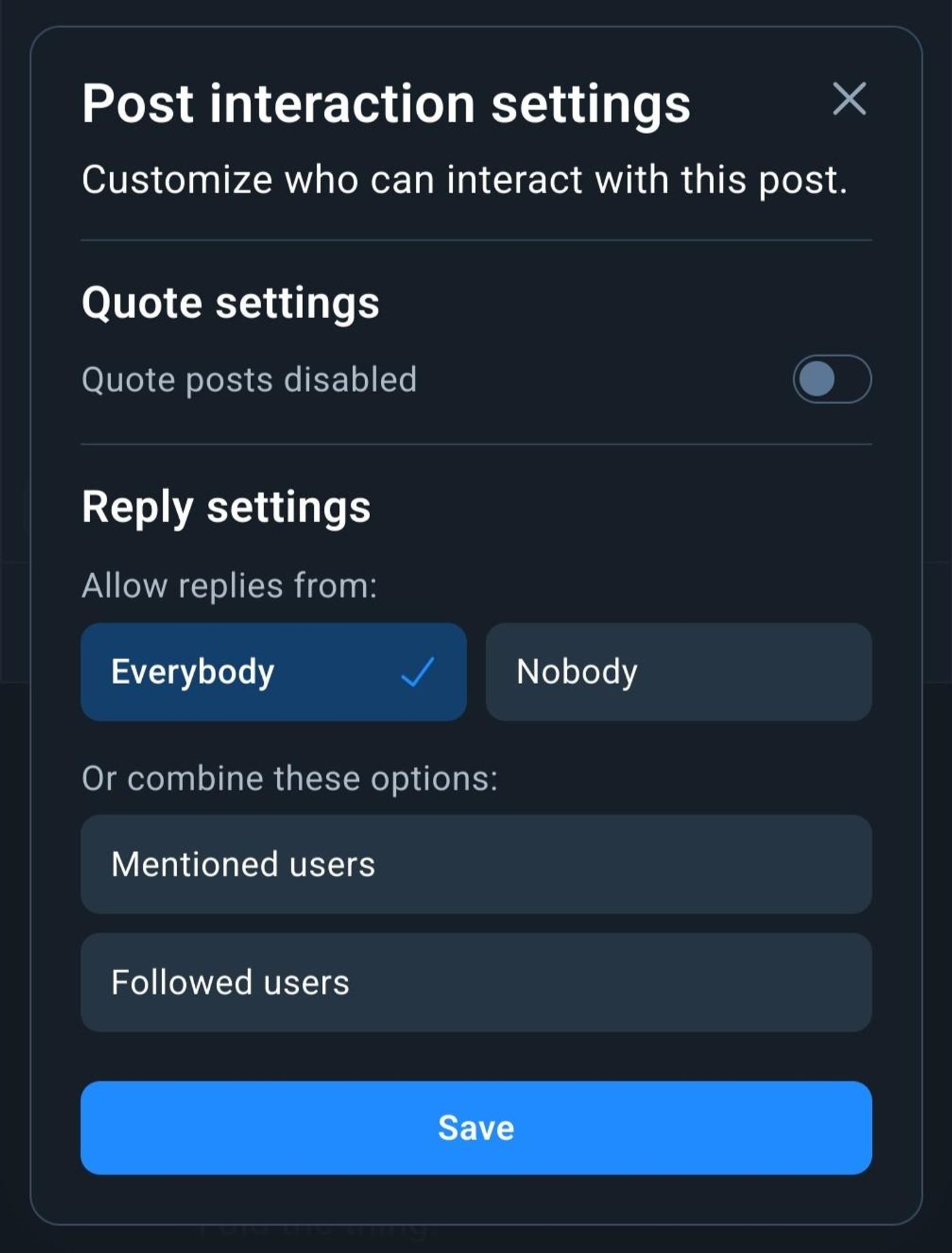 Post interaction settings
Customize who can interact with this post.
Quote settings
Quote posts disabled
Reply settings
Allow replies from:
Or combine these options:
mentioned users
followed users.