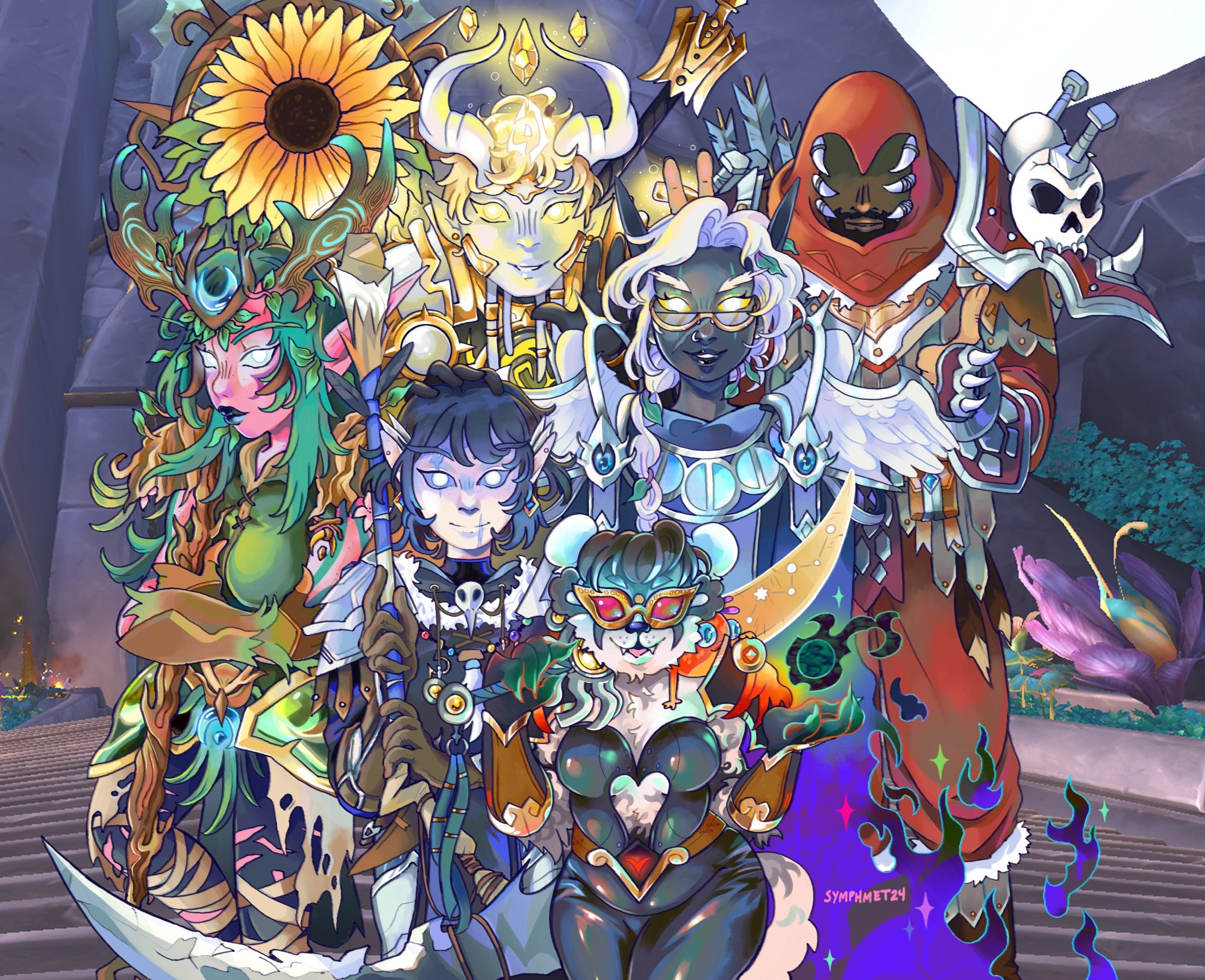 A group photo of six adventurers from the MMO World of Warcraft, squished together to stay in frame. A staircase and foliage from Valdrakken decorate the background behind them.

Each adventurer is distinct, showing off their various armor and weapons. Each is smiling at the invisible camera.

From left to right (approximately): Lumie (Night Elf Druid), Seraphius (Lightforged Paladin), Zantis (Void Elf Hunter), Sana (Night Elf Priest), Apolakia (Pandaren Death Knight), and Winds (Human Hunter)