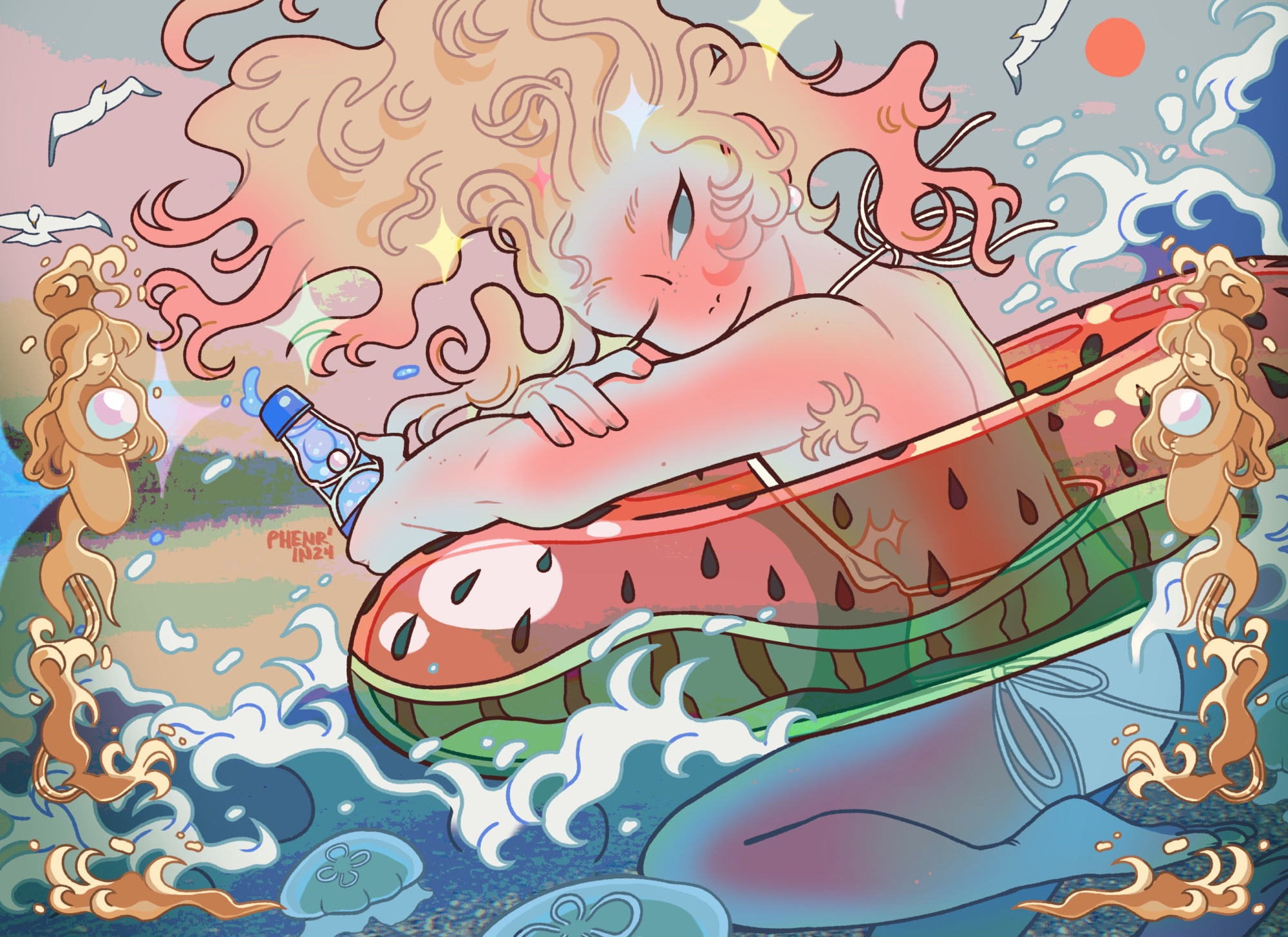 A modern interpretation of Sandro Botticelli’s Birth of Venus (1485). 

The main subject is a sunkissed & blonde nonbinary person winking at the viewer, and they are wearing a white bikini that shows off their top scars. They are riding the incoming waves with watermelon-patterned doughnut floaty around their middle. They’re leisurely holding an open bottle of ramune - the glass bead inside the bottle is replaced by a pearl.

The background features a polarized photo of a large body of water and a treeline, hung together with drawn seagulls and an orange sun. Below the subject’s floaty shows their legs in the water, surrounded by seafoam and jellyfish.

The entire piece is framed on either side with gold filligre in the shape of more waves, and mermaids. Each mermaid is holding a pearl.