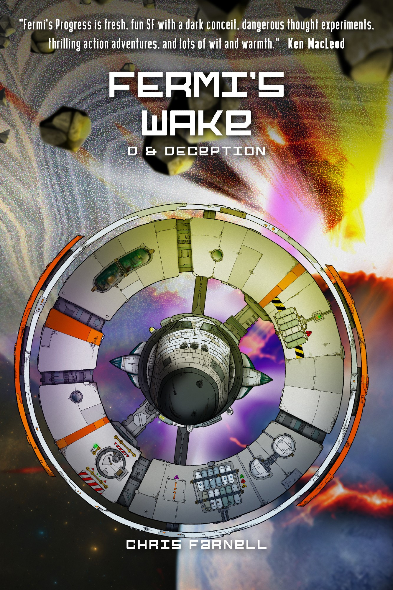 The cover of Fermi's Wake: D & Deception, which depicts the spaceship Fermi flying away from an exploding planet with a ring system.
Some of the rocks that make up the ring system appear to resemble polyhedral dice...