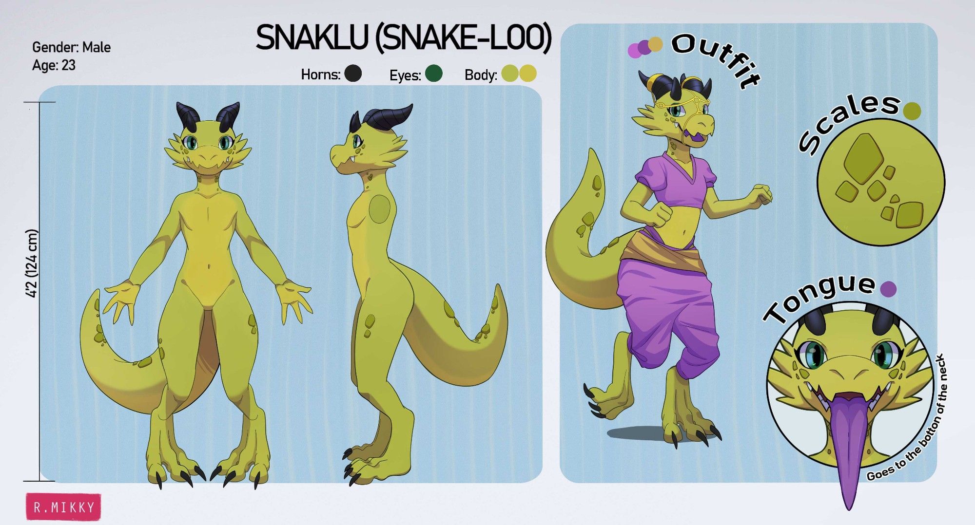 Snaklu ref sheet with a yellow kobold on it various poses